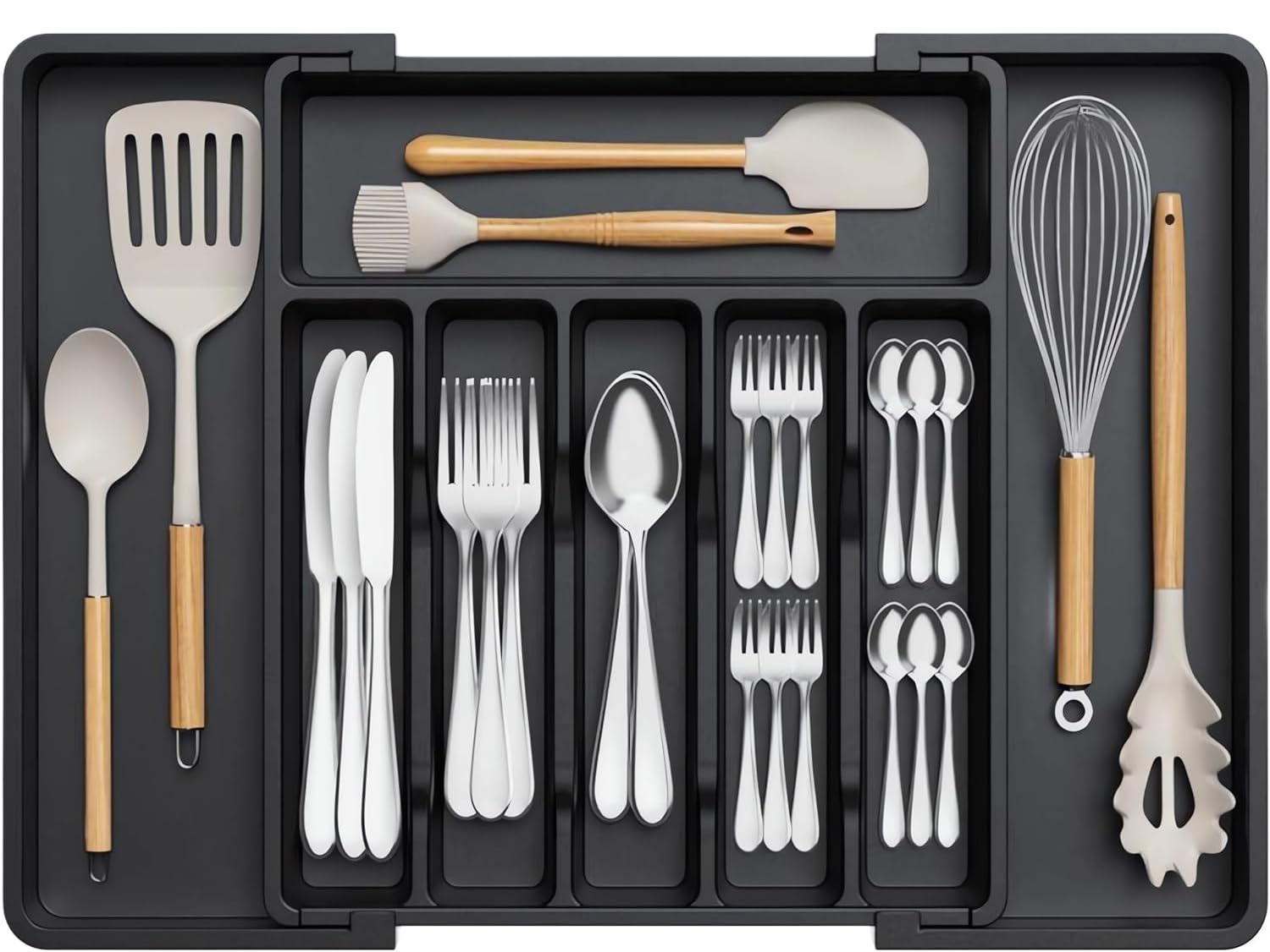 mechdel Drawer Organizer, Expandable BPA Free Utensil Tray for Kitchen, Adjustable Flatware and Cutlery Holder for Spoons Forks Knives, Plastic Kitchen Organizers and Storage (BLACK, 8-Slots)