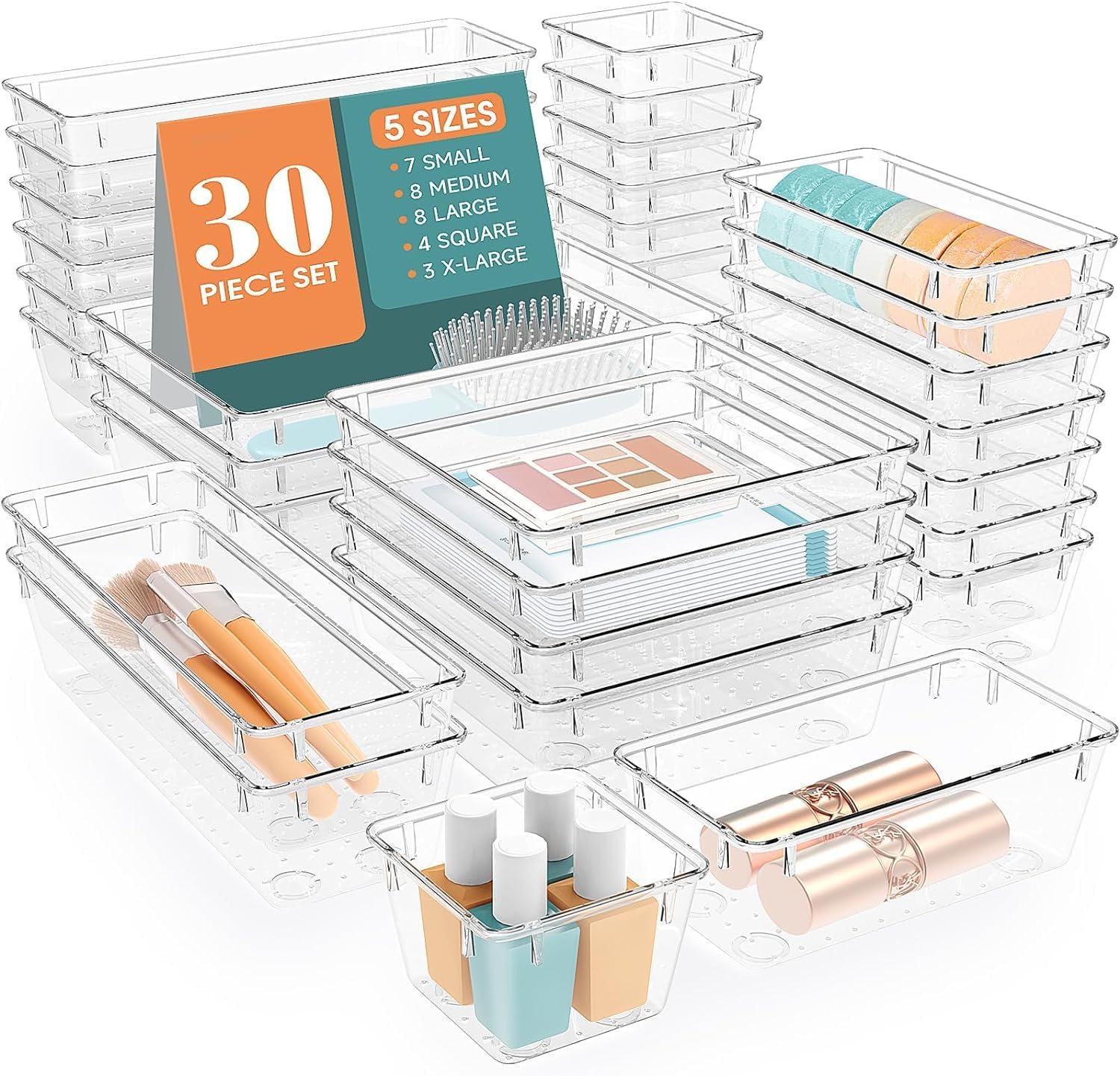 MECHDEL Drawer Organizer Set/Bathroom and Dressing Table Trays/Cosmetic Display/Bathroom Cosmetic Organizers/Unbreakable Drawer Organizer/Drawer Divider Tray (Transparent, 21PCS Set)