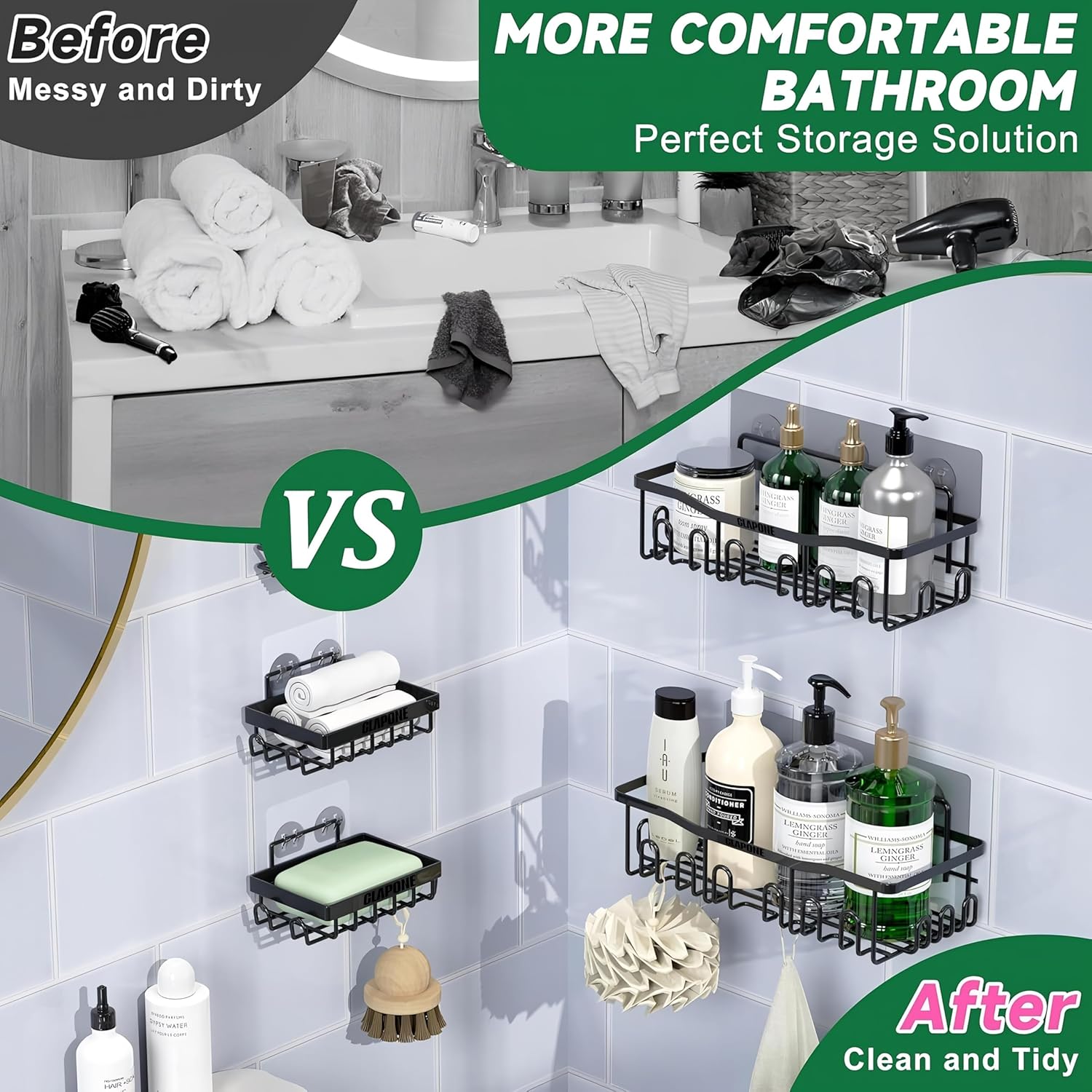 Stainless Steel Bath Organizers With Large Capacity Organizer Combo Racks and Shelves for Wall Stand for Bathroom Without Drill Soap Holder with Tooth Brush Holder Bathroom Accessories (5 pcs)