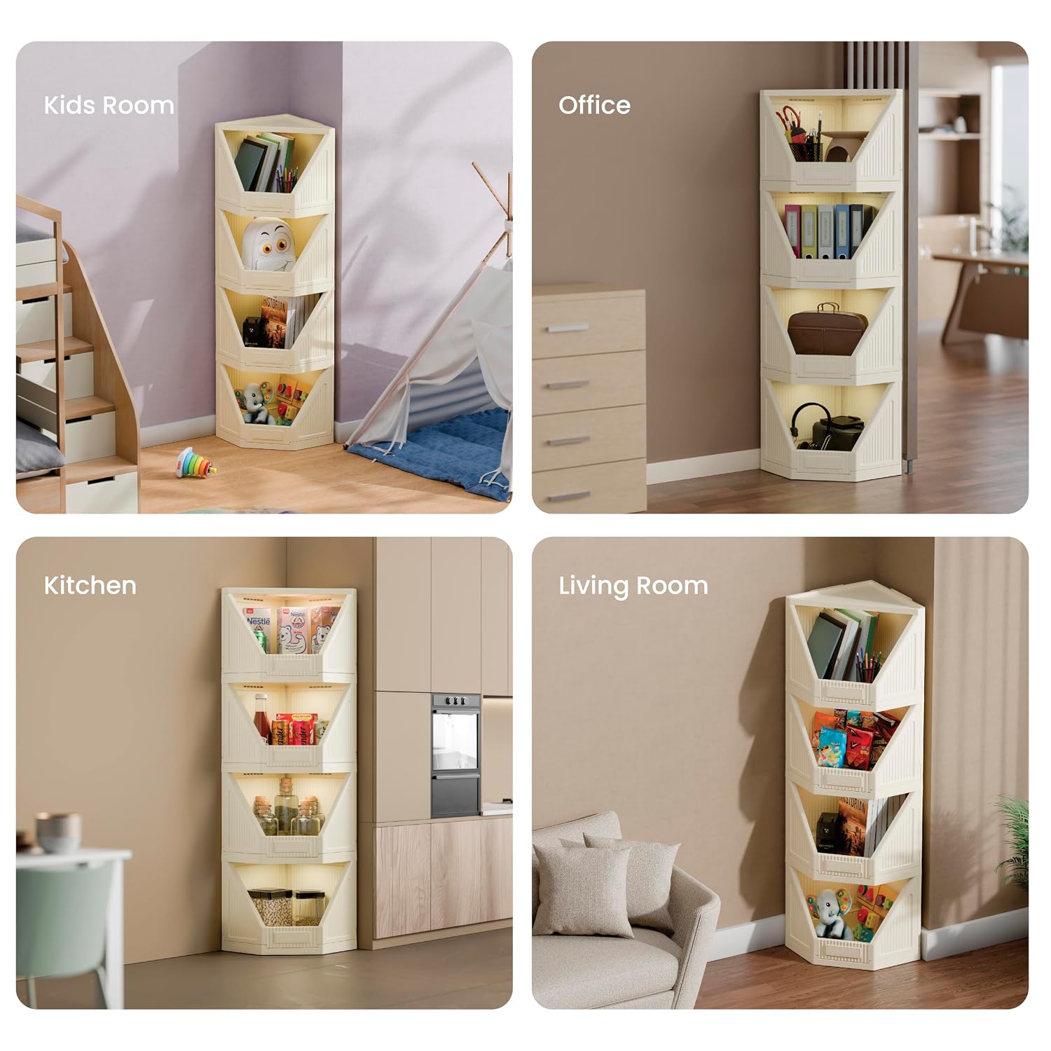 JD Fresh 4 Tier Plastic Corner Storage Cabinet/Foldable Cupboard for Storage/Stackable Cupboard for Cloth with Layer Locking System/Toy Organizer/Spacious Storage Rack for Books,Toys and Décor (Ivory)