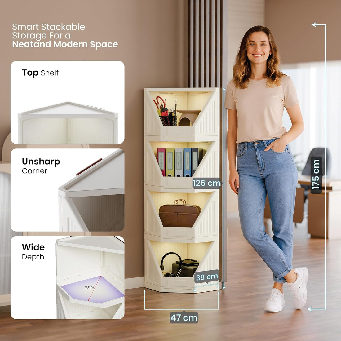 JD Fresh 4 Tier Plastic Corner Storage Cabinet/Foldable Cupboard for Storage/Stackable Cupboard for Cloth with Layer Locking System/Toy Organizer/Spacious Storage Rack for Books,Toys and Décor (Ivory)