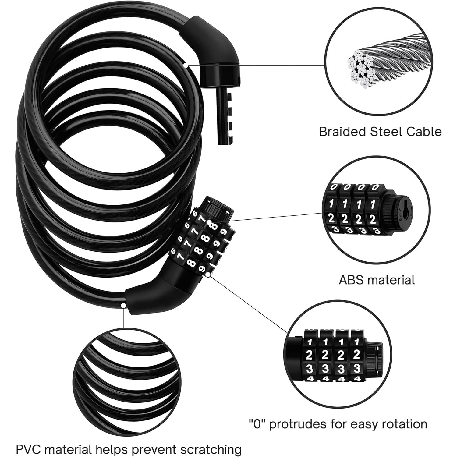 Rubber Bike Lock, 4/5.6 Feet Bicycle Cable, High Security 5 Digit Resettable Combination Coiling Lock, Heavy Duty Anti Theft Cable with Mounting Bracket, 1/2 Inch Diameter (4FT,Black-10mm)
