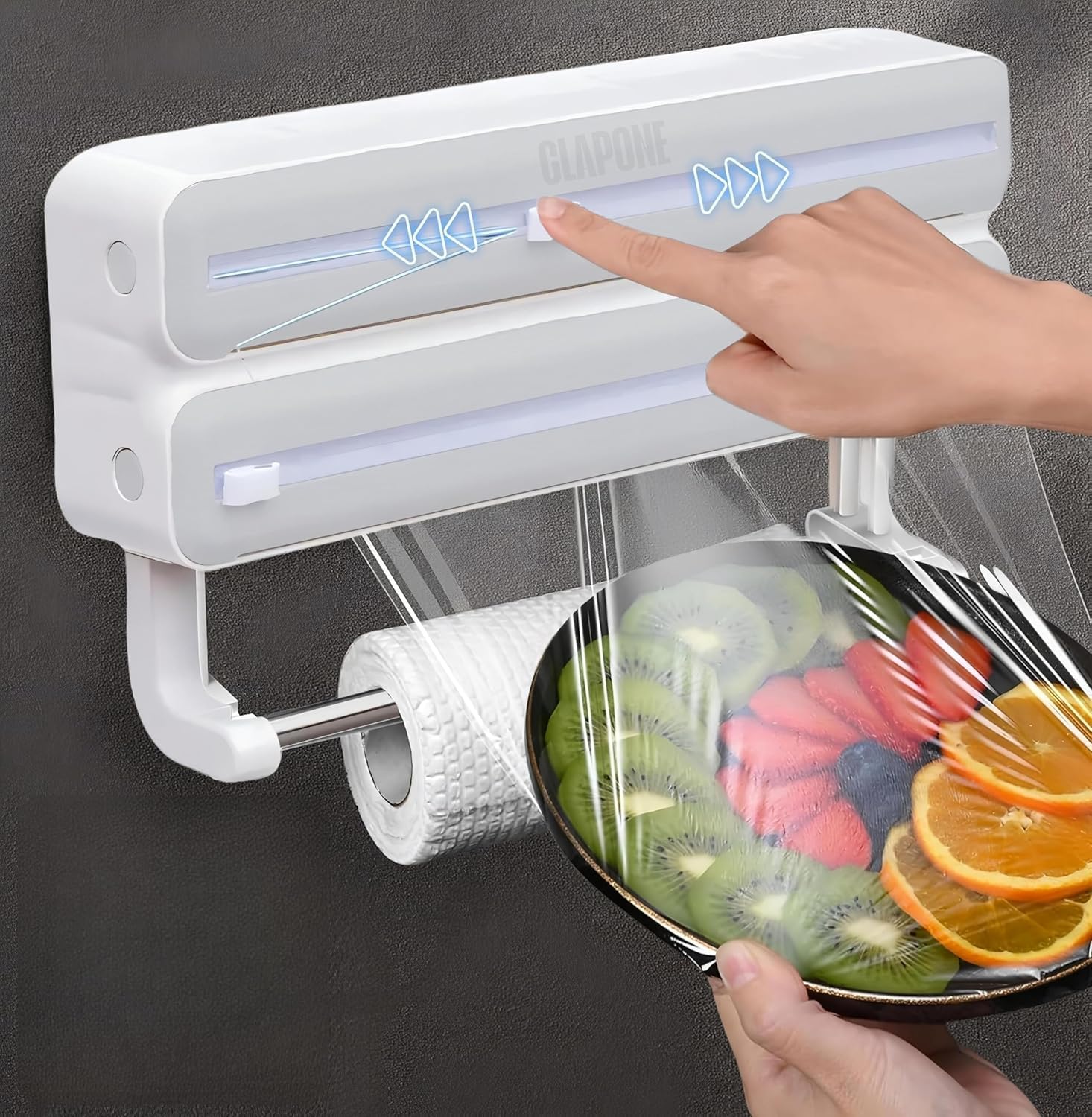 Wrap Organizer with Cutter Plastic Wrap Dispenser 3 in 1 Compatible with Cling Film Paper Towel Holder/Tin Foil and Roti Paper Cutter/Aluminum Foil/Butter/Roti Wrap/Food Roll-White