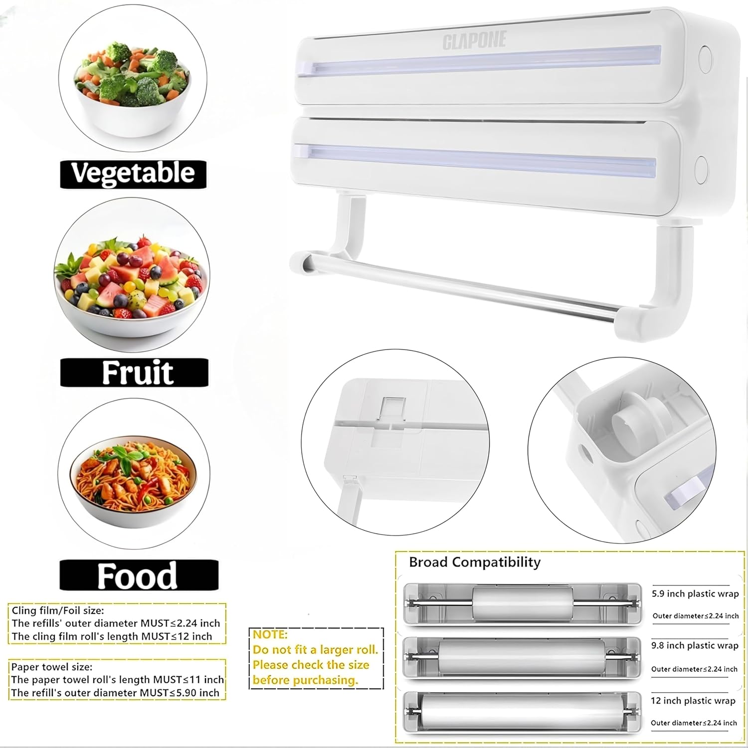 Wrap Organizer with Cutter Plastic Wrap Dispenser 3 in 1 Compatible with Cling Film Paper Towel Holder/Tin Foil and Roti Paper Cutter/Aluminum Foil/Butter/Roti Wrap/Food Roll-White