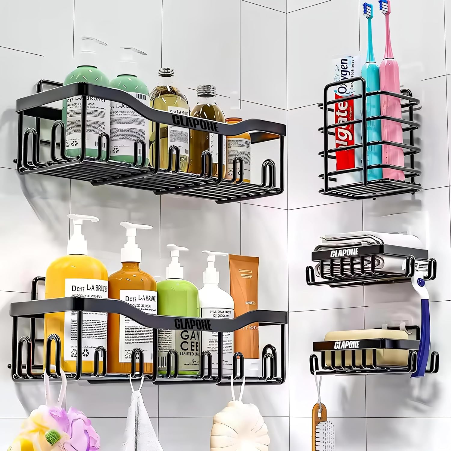 Stainless Steel Bath Organizers With Large Capacity Organizer Combo Racks and Shelves for Wall Stand for Bathroom Without Drill Soap Holder with Tooth Brush Holder Bathroom Accessories (5 pcs)