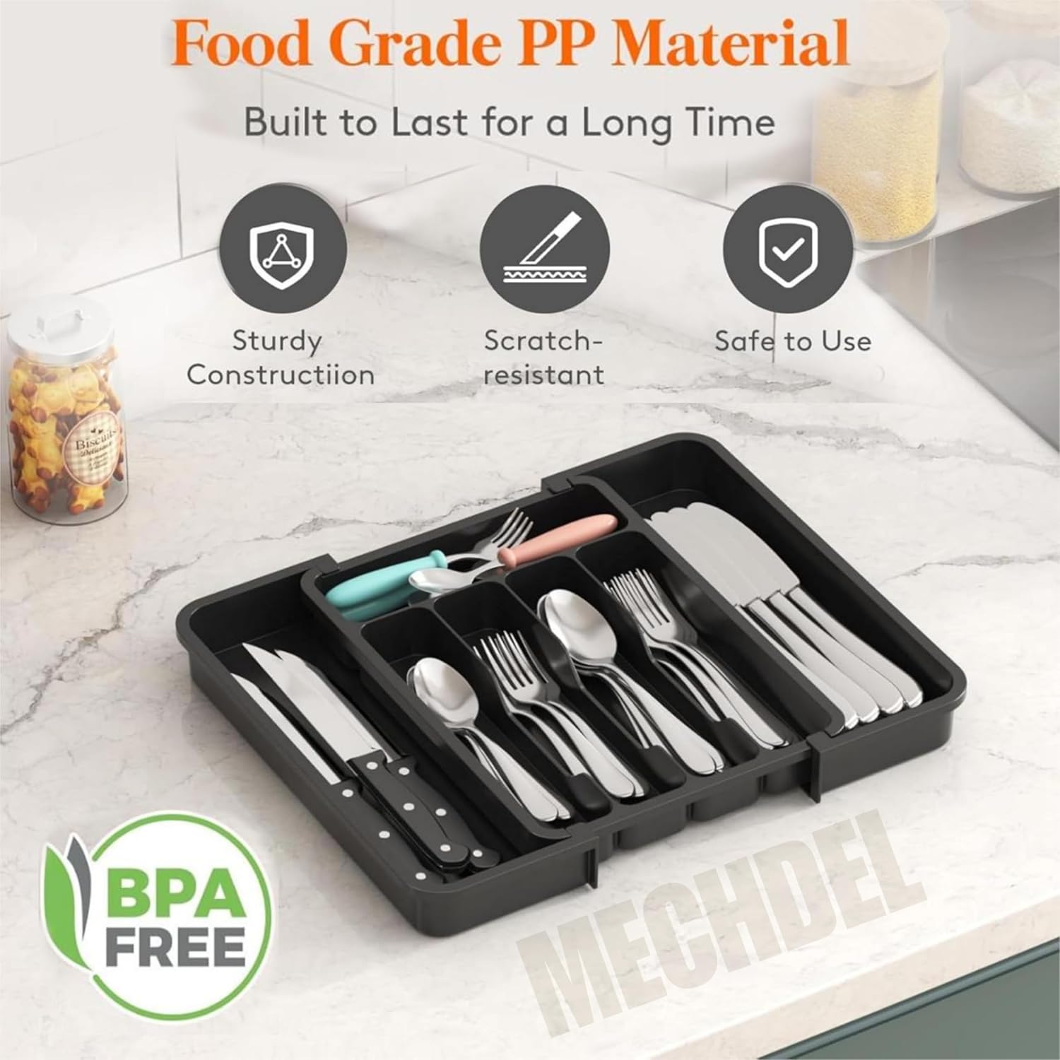mechdel Drawer Organizer, Expandable BPA Free Utensil Tray for Kitchen, Adjustable Flatware and Cutlery Holder for Spoons Forks Knives, Plastic Kitchen Organizers and Storage (BLACK, 8-Slots)