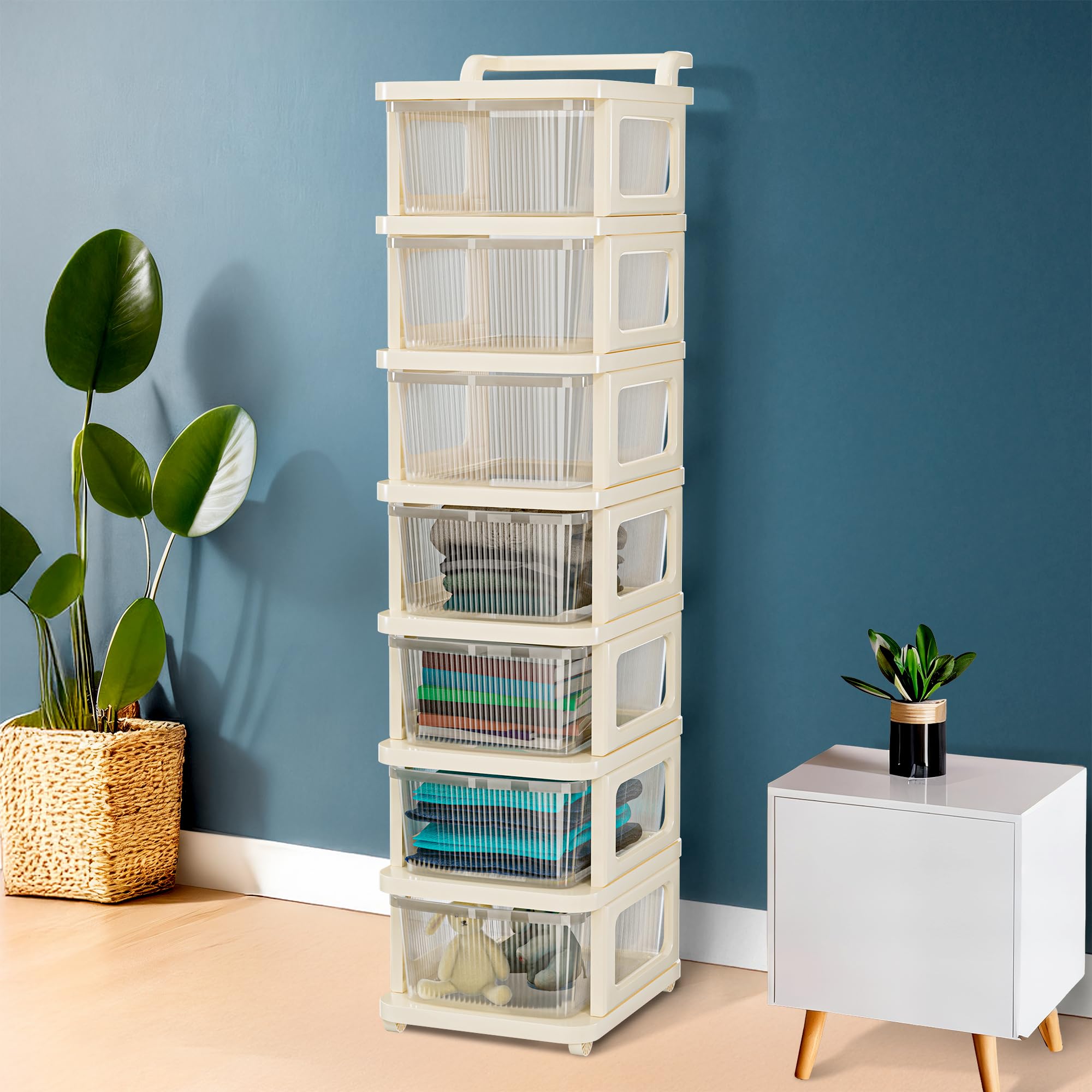 Kuber Industries 5 Layer Plastic Modular Storage Drawer Organizer with Wheels | Chest of Drawer Storage Box for Living Room, Office, School and Home | Toys Organiser for Kids Room | Transparent Ivory