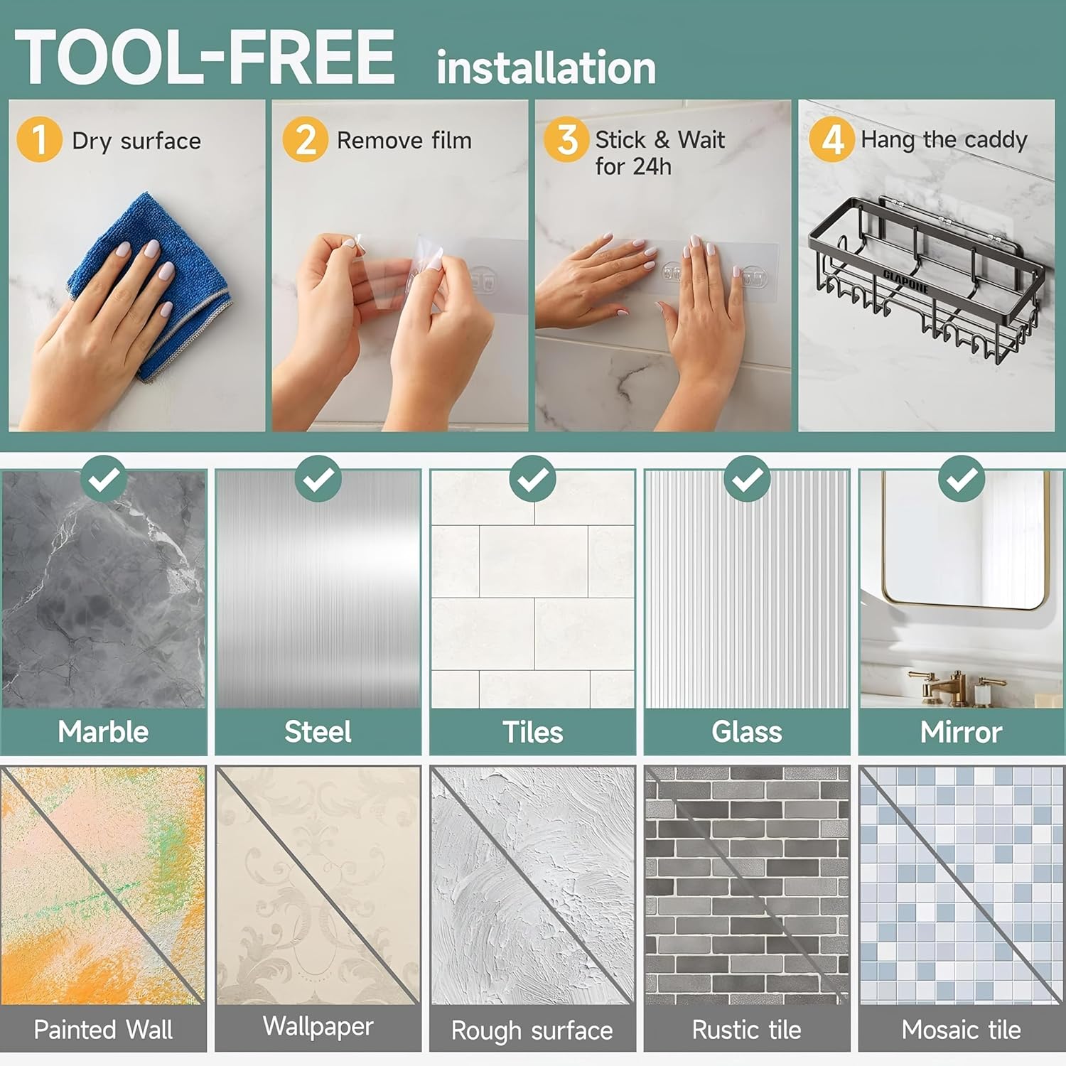 Stainless Steel Bath Organizers With Large Capacity Organizer Combo Racks and Shelves for Wall Stand for Bathroom Without Drill Soap Holder with Tooth Brush Holder Bathroom Accessories (5 pcs)