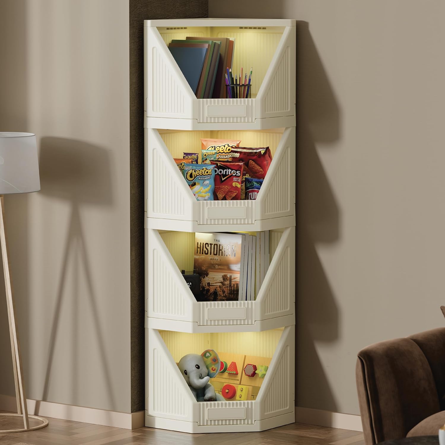 JD Fresh 4 Tier Plastic Corner Storage Cabinet/Foldable Cupboard for Storage/Stackable Cupboard for Cloth with Layer Locking System/Toy Organizer/Spacious Storage Rack for Books,Toys and Décor (Ivory)