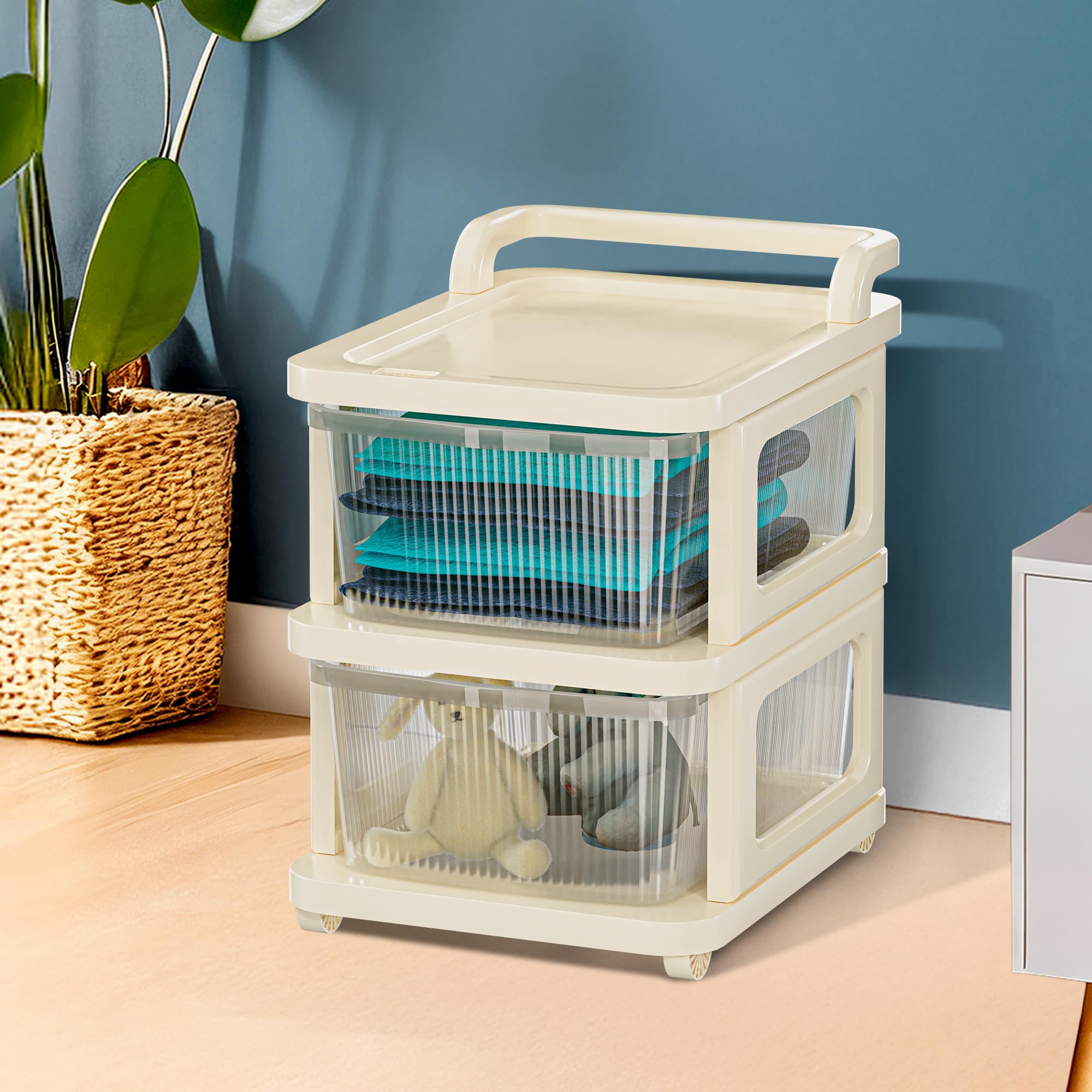 Kuber Industries 5 Layer Plastic Modular Storage Drawer Organizer with Wheels | Chest of Drawer Storage Box for Living Room, Office, School and Home | Toys Organiser for Kids Room | Transparent Ivory