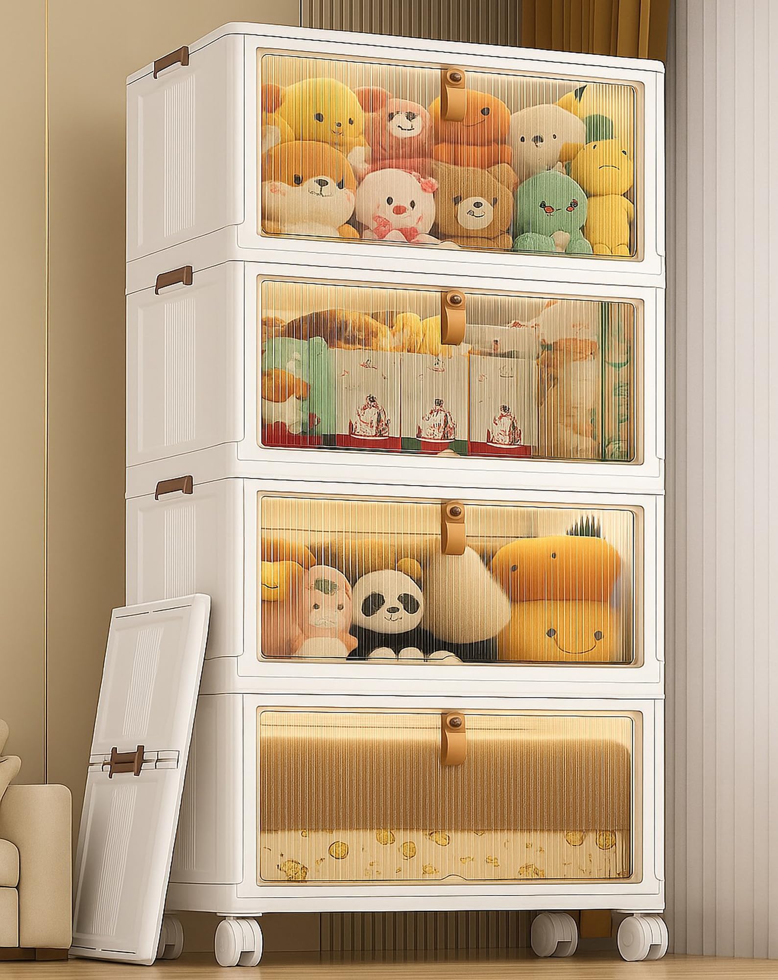 4-Door Plastic Wardrobe for Kids| Almirah and Wardrobe for Baby Clothes| Modular Storage Cabinet with Wheels| Kids Multi-Purpose Collapsible Wardrobe for Shoes/Books/Toy- White