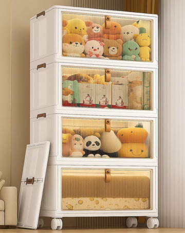 4-Door Plastic Wardrobe for Kids| Almirah and Wardrobe for Baby Clothes| Modular Storage Cabinet with Wheels| Kids Multi-Purpose Collapsible Wardrobe for Shoes/Books/Toy- White