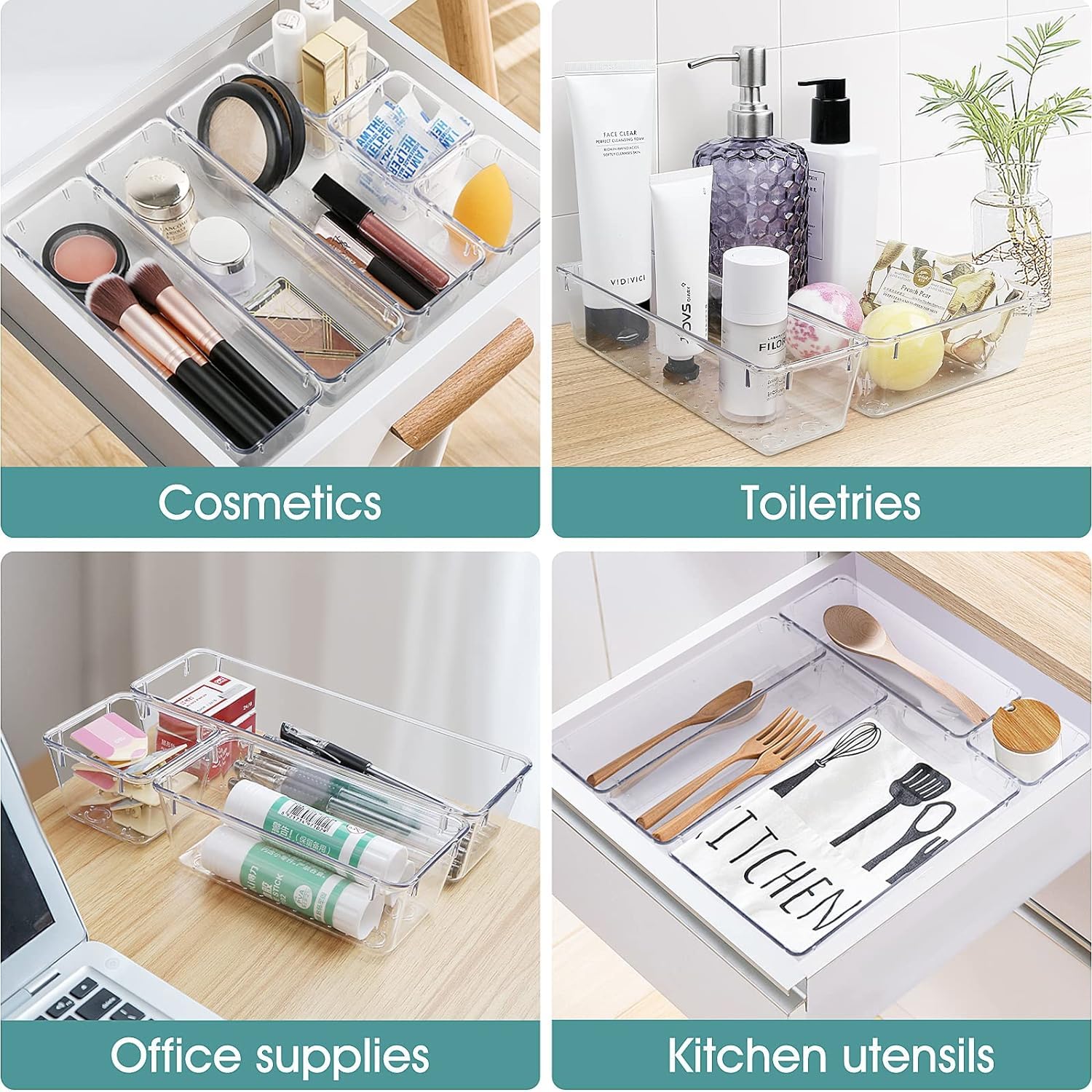 MECHDEL Drawer Organizer Set/Bathroom and Dressing Table Trays/Cosmetic Display/Bathroom Cosmetic Organizers/Unbreakable Drawer Organizer/Drawer Divider Tray (Transparent, 21PCS Set)