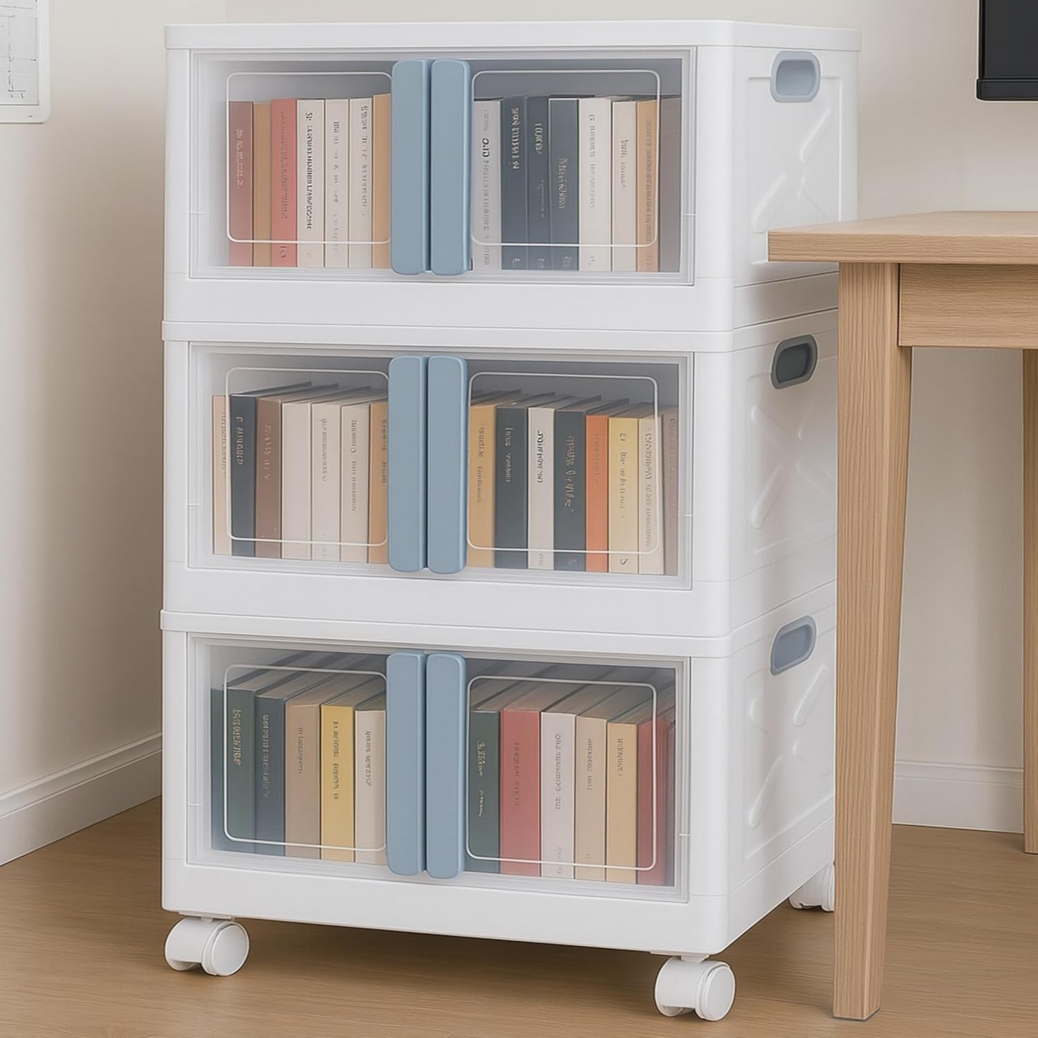 mechdel Stackable Storage Box with Wheels, Front Door Cabinet, Collapsible Organiser for Living Room, Bedroom, Books,cabinets for living room and book organiser (STORAGE BOX/WHEELS-WHITE, 1PCS)