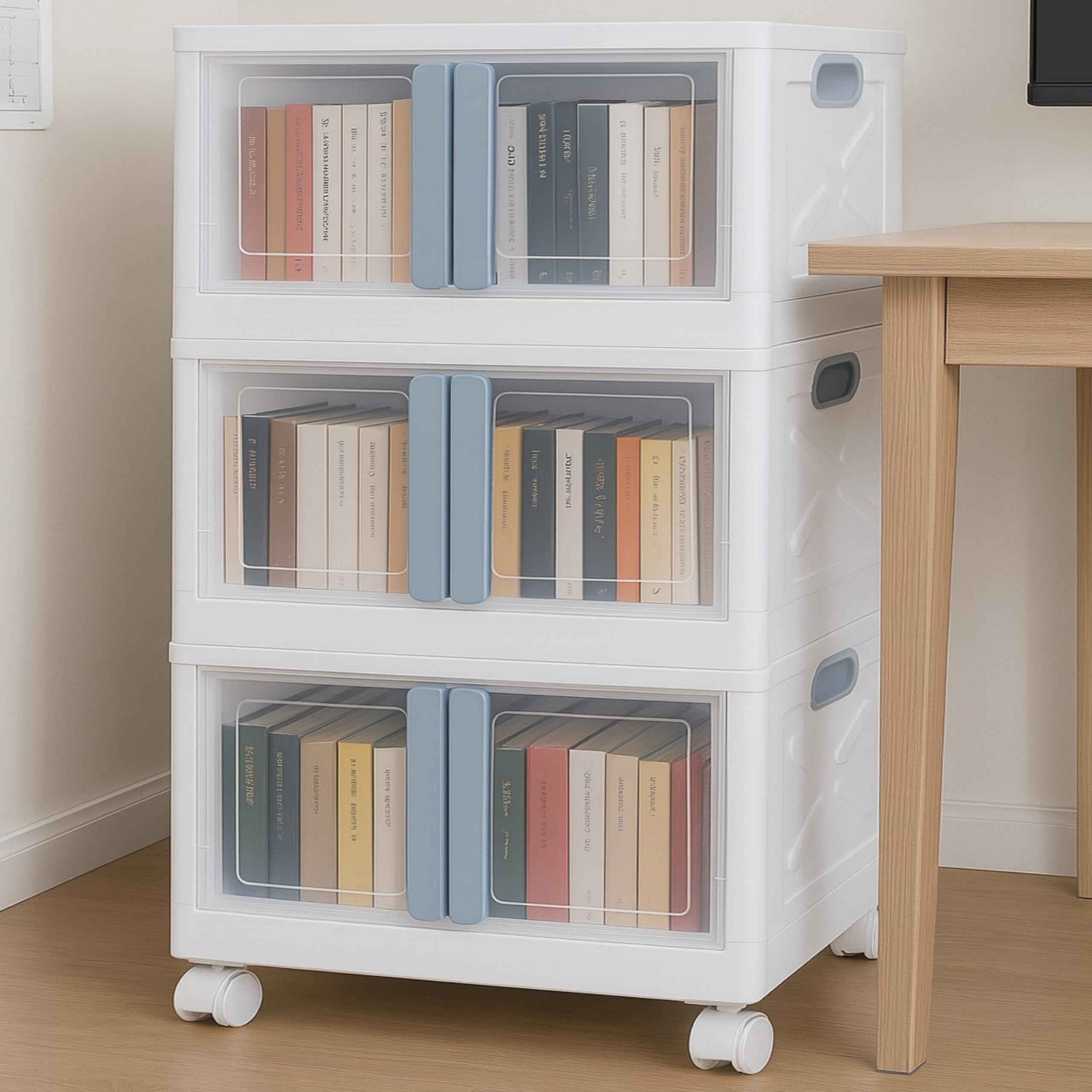 mechdel Stackable Storage Box with Wheels, Front Door Cabinet, Collapsible Organiser for Living Room, Bedroom, Books,cabinets for living room and book organiser (STORAGE BOX/WHEELS-WHITE, 1PCS)