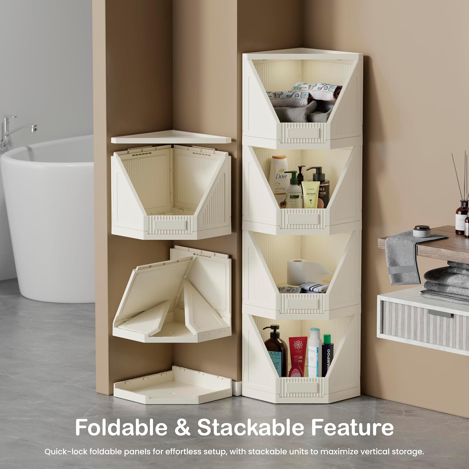 JD Fresh 4 Tier Plastic Corner Storage Cabinet/Foldable Cupboard for Storage/Stackable Cupboard for Cloth with Layer Locking System/Toy Organizer/Spacious Storage Rack for Books,Toys and Décor (Ivory)