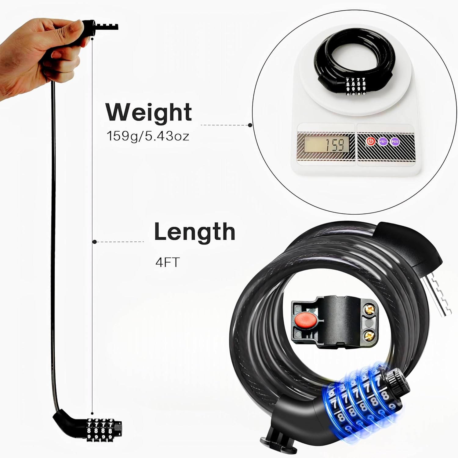 Rubber Bike Lock, 4/5.6 Feet Bicycle Cable, High Security 5 Digit Resettable Combination Coiling Lock, Heavy Duty Anti Theft Cable with Mounting Bracket, 1/2 Inch Diameter (4FT,Black-10mm)