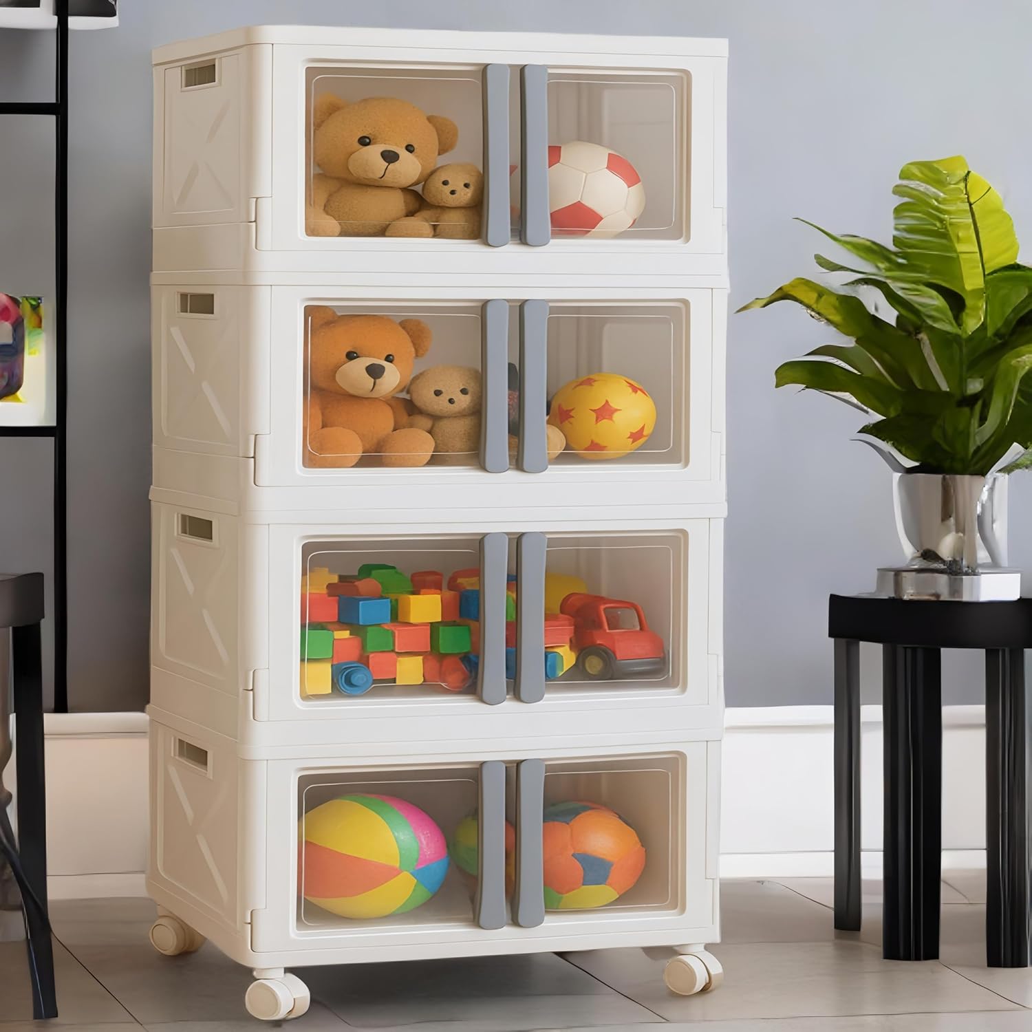 mechdel Stackable Storage Box with Wheels, Front Door Cabinet, Collapsible Organiser for Living Room, Bedroom, Books,cabinets for living room and book organiser (STORAGE BOX/WHEELS-WHITE, 1PCS)