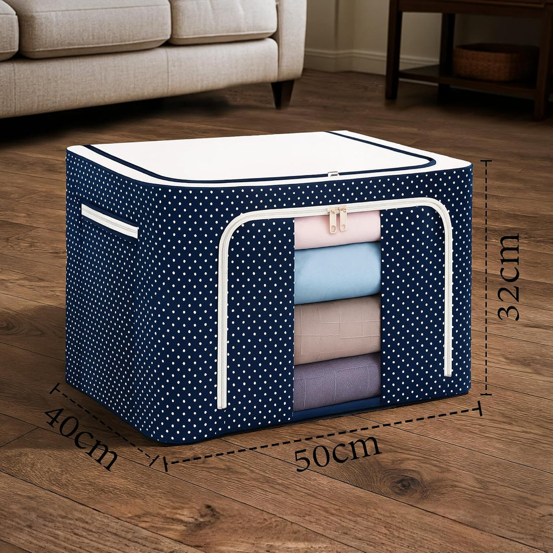 8 Pcs 66 Liters Foldable Steel Frame Cloth Organizer for Storage/Wardrobe Organizer for Storage/almirah organizer for Sarees/Shirts/Blankets/Clothes Storage Box with Handle - (Blue)