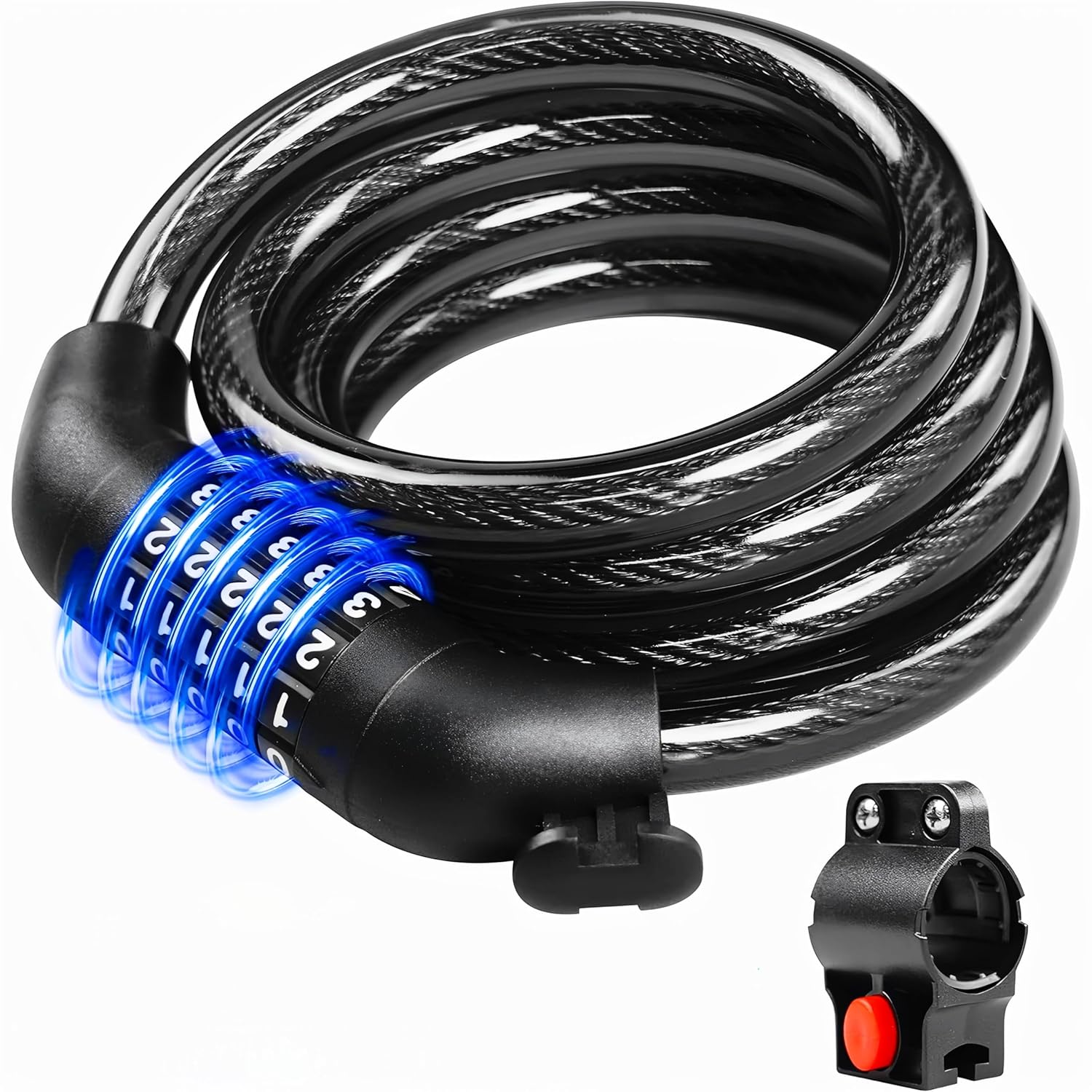 Rubber Bike Lock, 4/5.6 Feet Bicycle Cable, High Security 5 Digit Resettable Combination Coiling Lock, Heavy Duty Anti Theft Cable with Mounting Bracket, 1/2 Inch Diameter (4FT,Black-10mm)