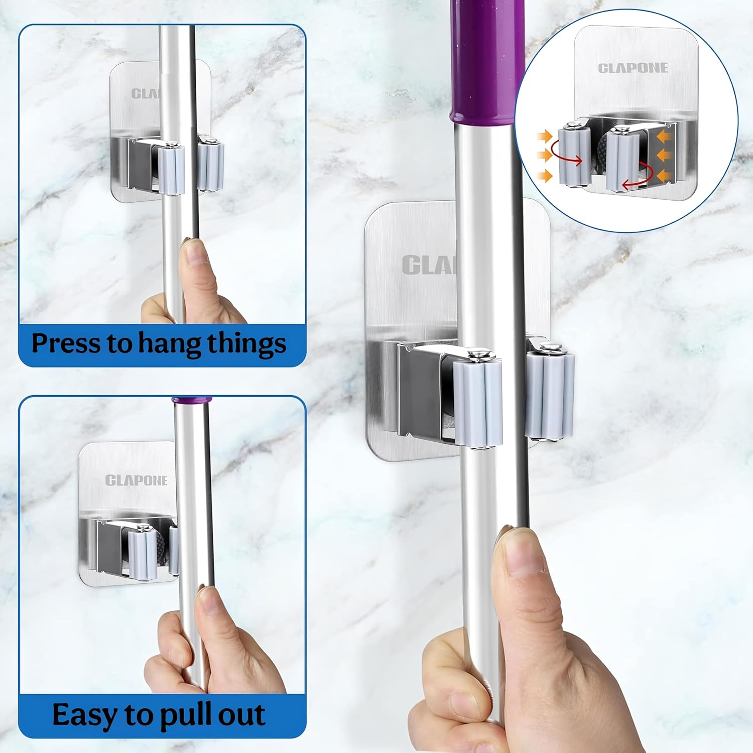 2 Piece Self Adhesive Mop Holder/Wall Mounted Wiper Holder/Storage Organizers/Drill-Free Broom Stick Stand for Home/Indoor-Outdoor/Garage/Commercial/Bathroom Essentials/Umbrella(Grey)