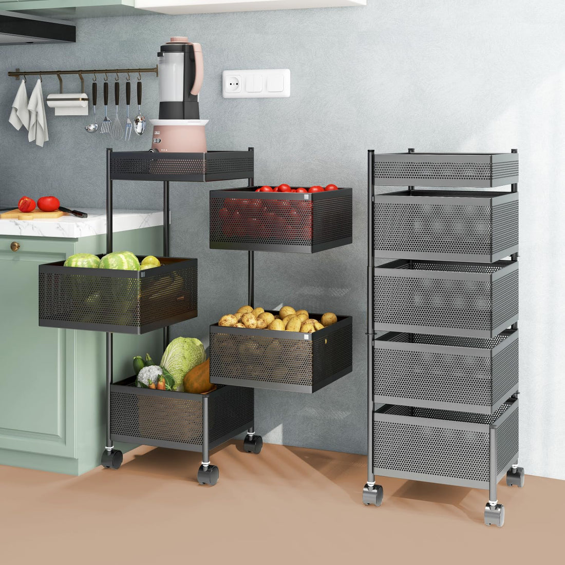 JD FRESH 5-Tier Metal Rotating Kitchen Trolley/Spice Rack/Vegetable & Fruit Storage/Organizer Holder and Onion-Potato Storage Basket for Kitchen