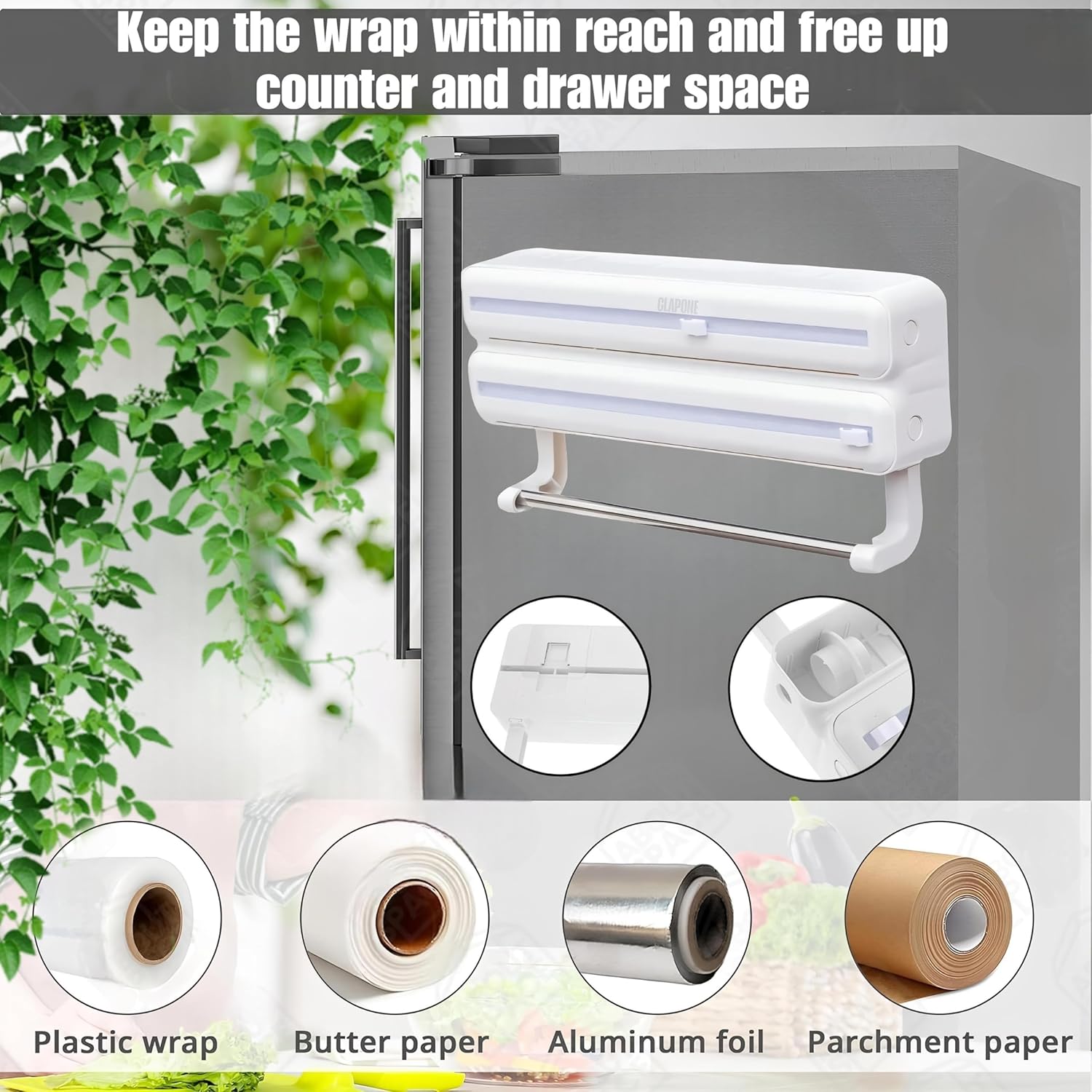 Wrap Organizer with Cutter Plastic Wrap Dispenser 3 in 1 Compatible with Cling Film Paper Towel Holder/Tin Foil and Roti Paper Cutter/Aluminum Foil/Butter/Roti Wrap/Food Roll-White