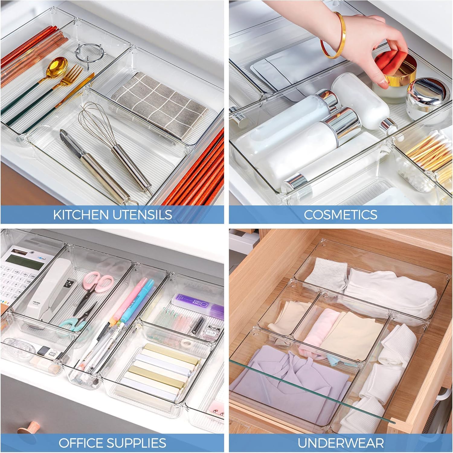 MECHDEL Drawer Organizer Set/Bathroom and Dressing Table Trays/Cosmetic Display/Bathroom Cosmetic Organizers/Unbreakable Drawer Organizer/Drawer Divider Tray (Transparent, 21PCS Set)