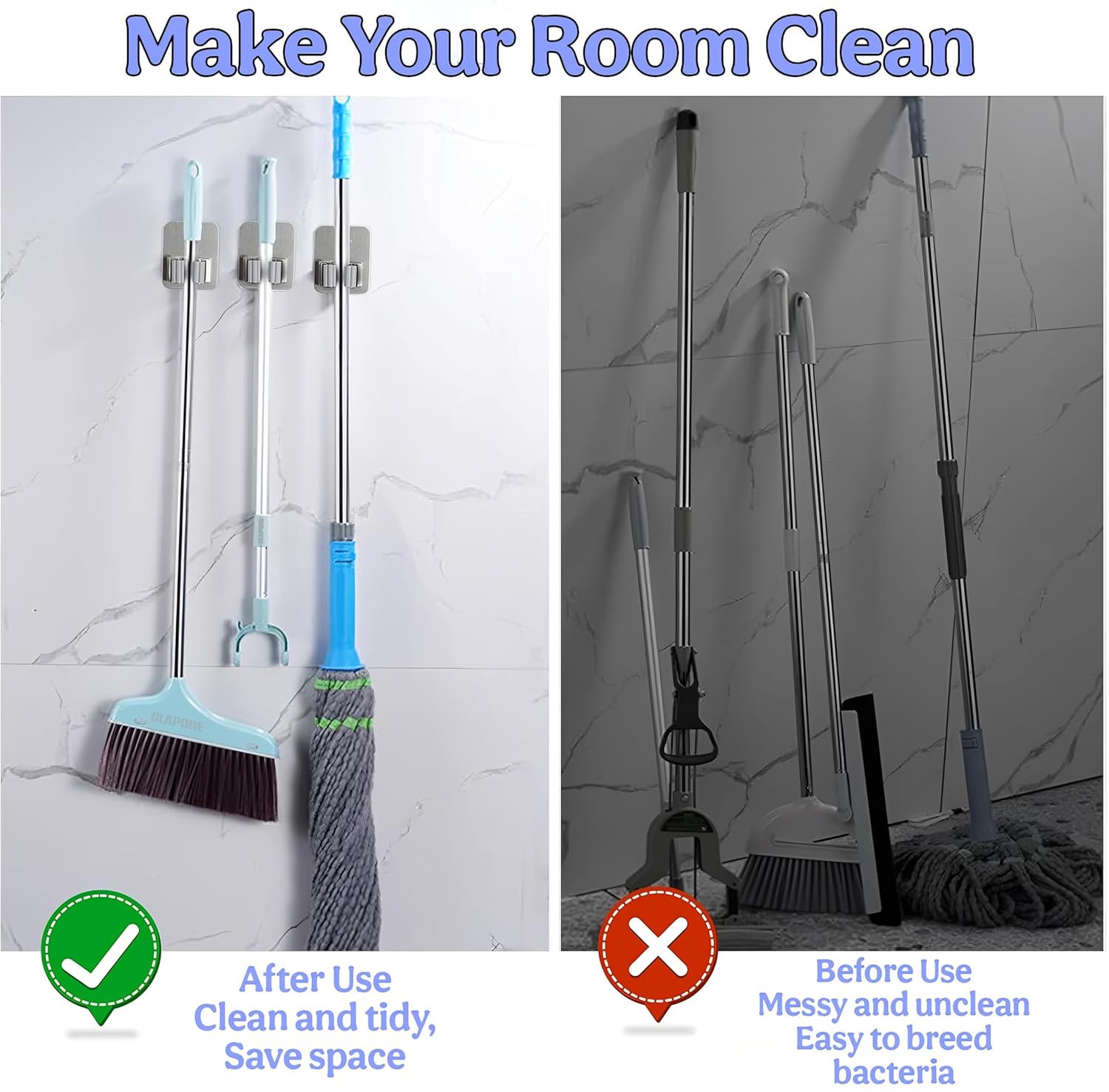 2 Piece Self Adhesive Mop Holder/Wall Mounted Wiper Holder/Storage Organizers/Drill-Free Broom Stick Stand for Home/Indoor-Outdoor/Garage/Commercial/Bathroom Essentials/Umbrella(Grey)