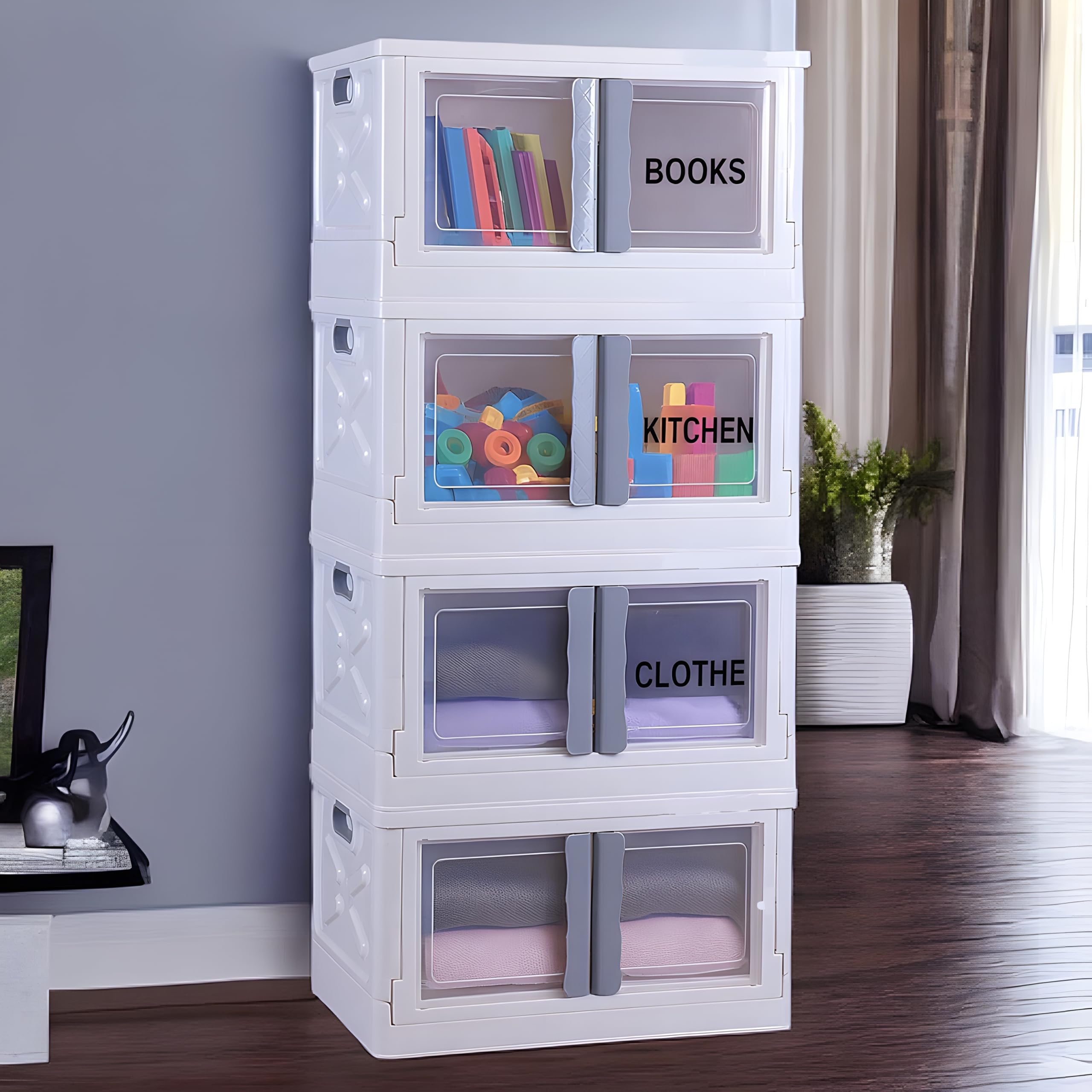 mechdel Collapsible Storage,Cabinet for Storage,Almari, Wardrobe, Cupboard Rack Living Room,Storage Cupboard | Clothes Organizer Rack, 2 Door Cabinet (STORAGE BIN/WHEEL-White, 4PCS)