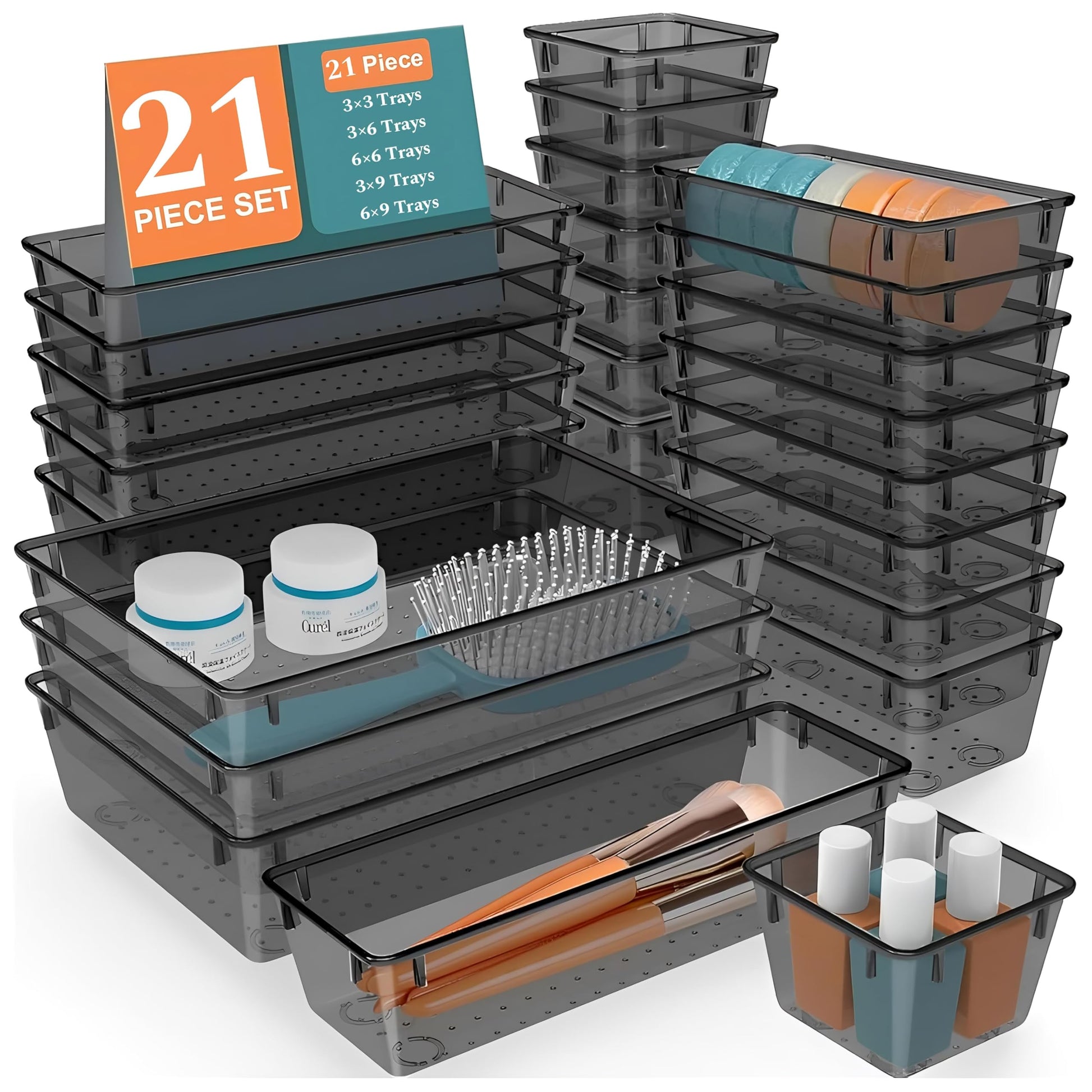 MECHDEL Drawer Organizer Set/Bathroom and Dressing Table Trays/Cosmetic Display/Bathroom Cosmetic Organizers/Unbreakable Drawer Organizer/Drawer Divider Tray (Transparent, 21PCS Set)