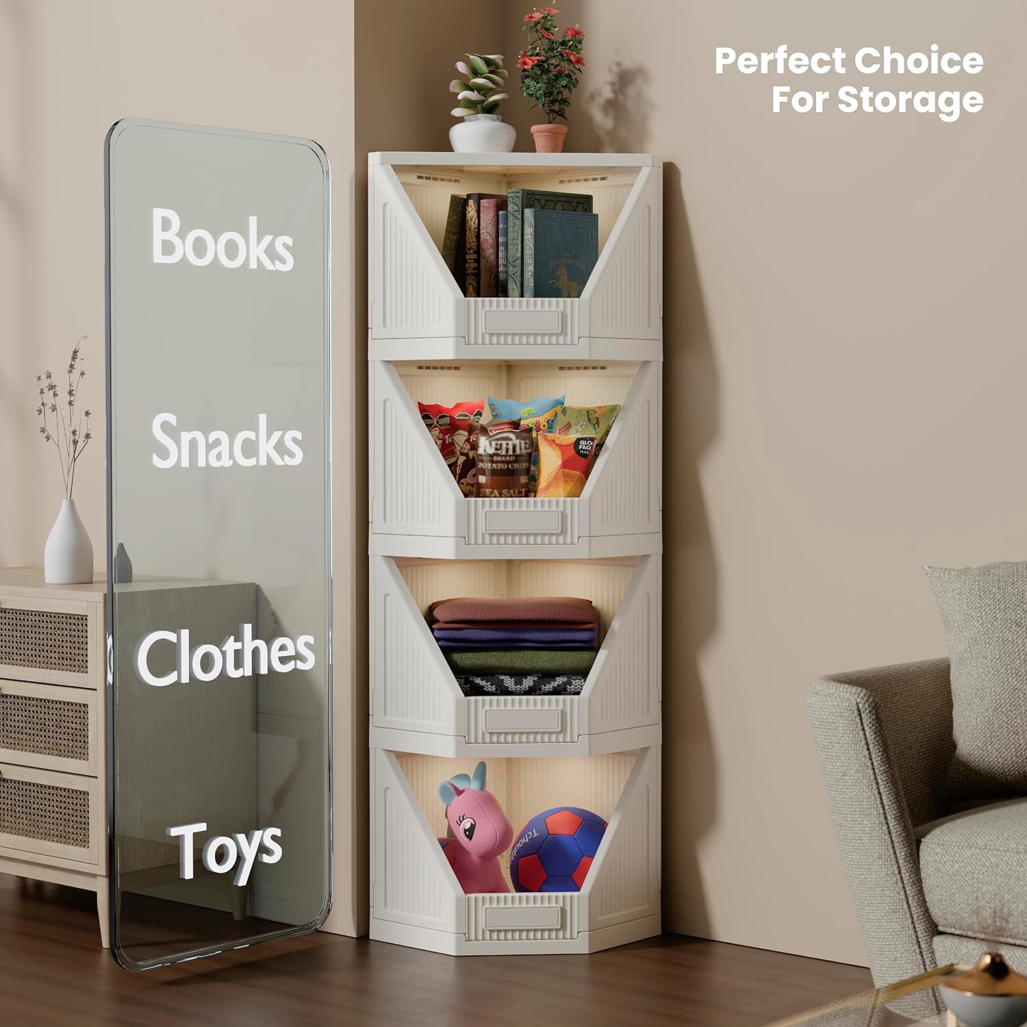 JD Fresh 4 Tier Plastic Corner Storage Cabinet/Foldable Cupboard for Storage/Stackable Cupboard for Cloth with Layer Locking System/Toy Organizer/Spacious Storage Rack for Books,Toys and Décor (Ivory)