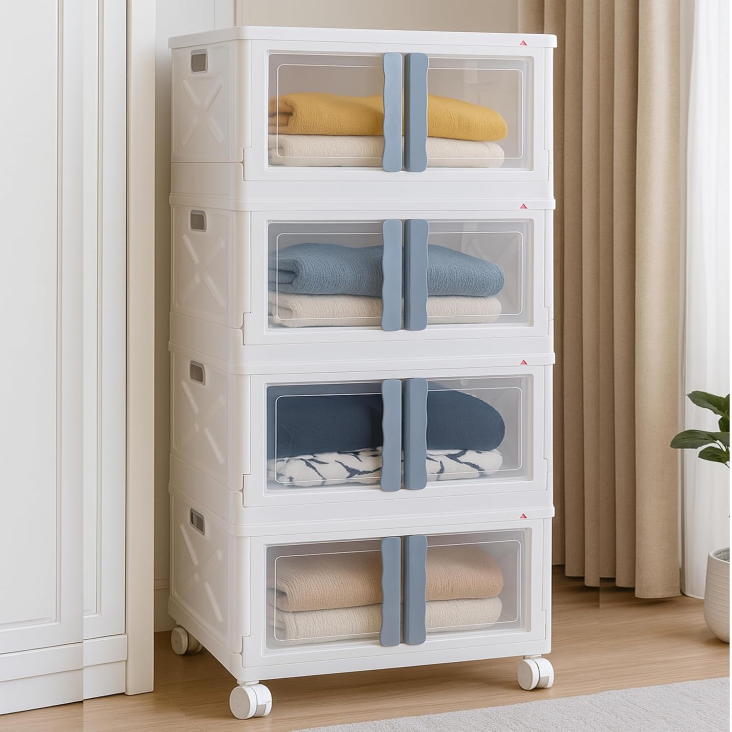 mechdel Collapsible Storage,Cabinet for Storage,Almari, Wardrobe, Cupboard Rack Living Room,Storage Cupboard | Clothes Organizer Rack, 2 Door Cabinet (STORAGE BIN/WHEEL-White, 4PCS)