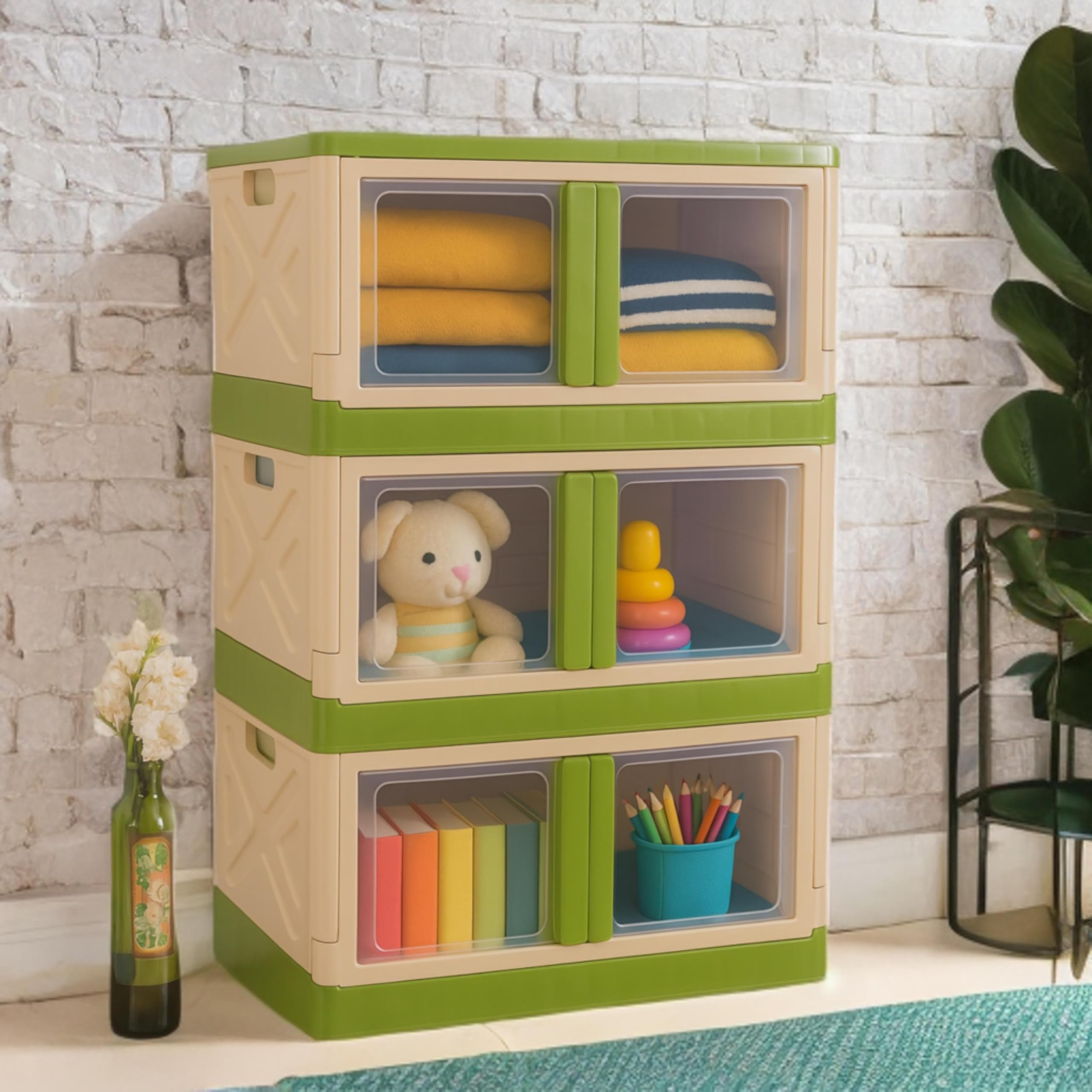 mechdel Collapsible Storage,Cabinet for Storage,Almari, Wardrobe, Cupboard Rack Living Room,Storage Cupboard | Clothes Organizer Rack, 2 Door Cabinet (STORAGE BIN/WHEEL-White, 4PCS)