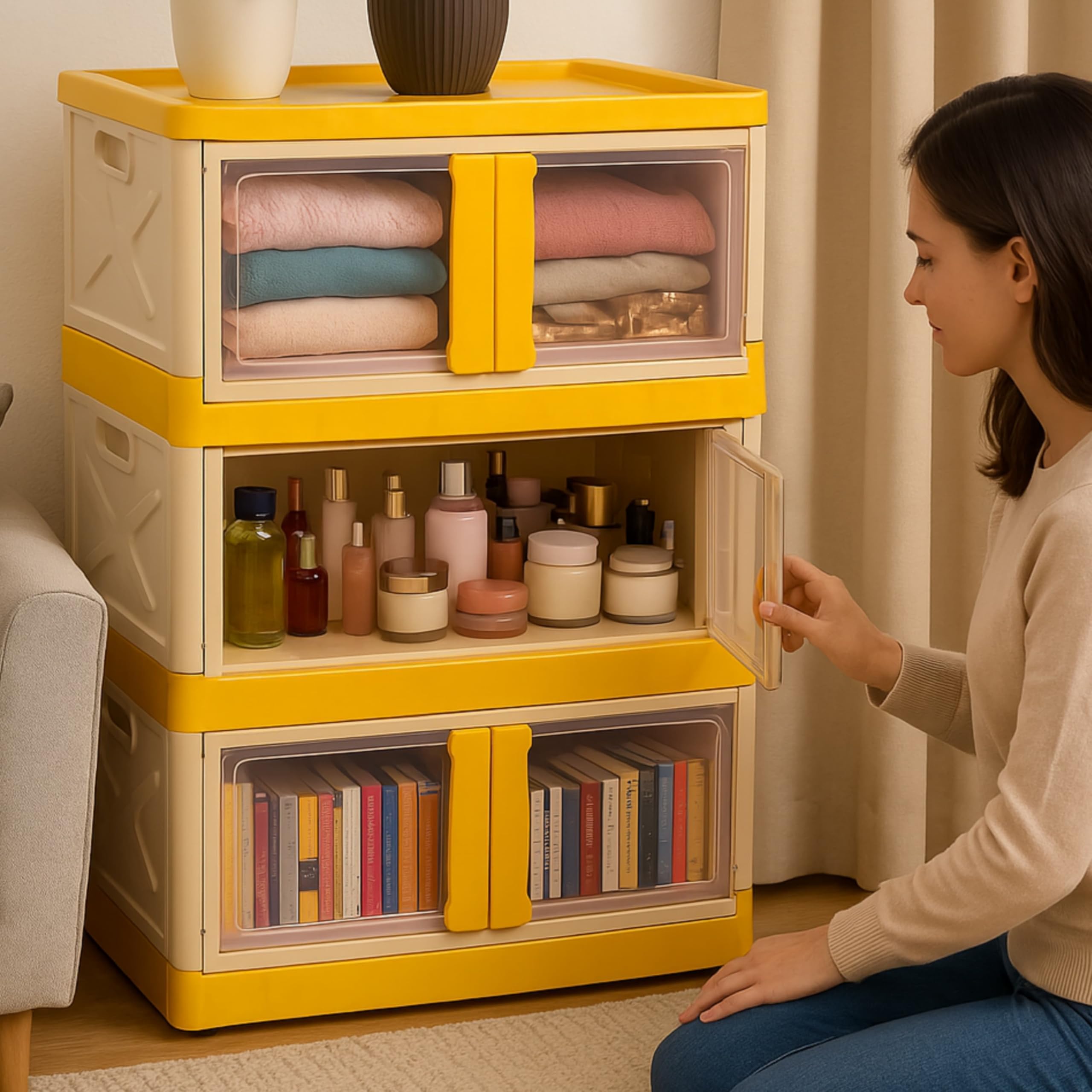 mechdel Collapsible Storage,Cabinet for Storage,Almari, Wardrobe, Cupboard Rack Living Room,Storage Cupboard | Clothes Organizer Rack, 2 Door Cabinet (STORAGE BIN/WHEEL-White, 4PCS)