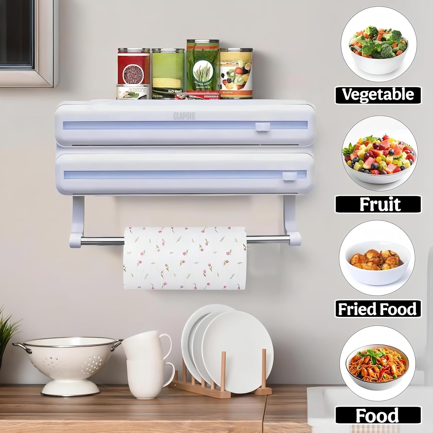 Wrap Organizer with Cutter Plastic Wrap Dispenser 3 in 1 Compatible with Cling Film Paper Towel Holder/Tin Foil and Roti Paper Cutter/Aluminum Foil/Butter/Roti Wrap/Food Roll-White