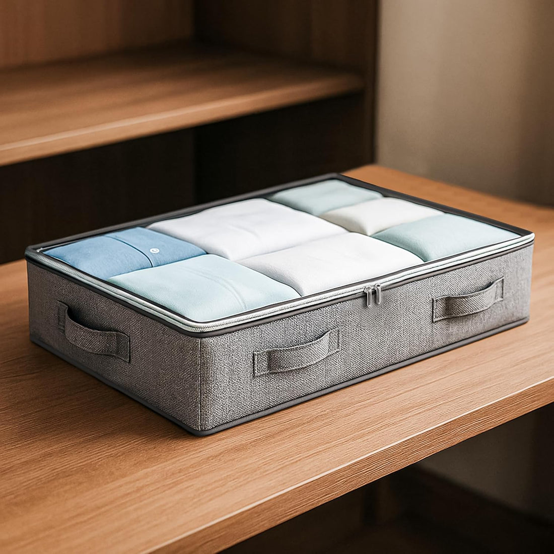 1 Pack 66 L Underbed Storage Bag for Clothes Foldable Underbed Storage Bags Clothing Storage Organiser with Zipper Strong Handle Multipurpose Under Bed Storage for Paper, Blankets (Beig)