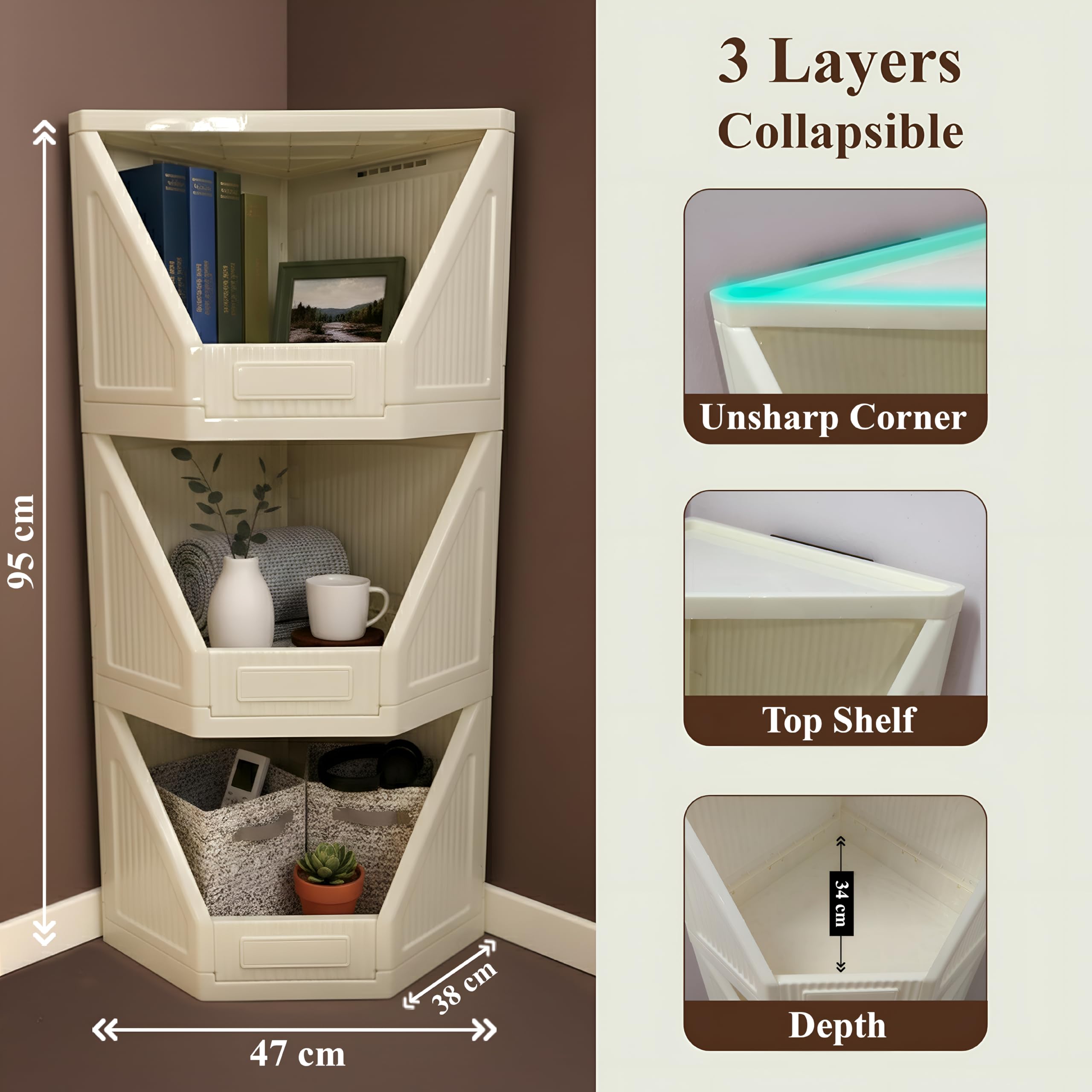 JD Fresh 4 Tier Plastic Corner Storage Cabinet/Foldable Cupboard for Storage/Stackable Cupboard for Cloth with Layer Locking System/Toy Organizer/Spacious Storage Rack for Books,Toys and Décor (Ivory)