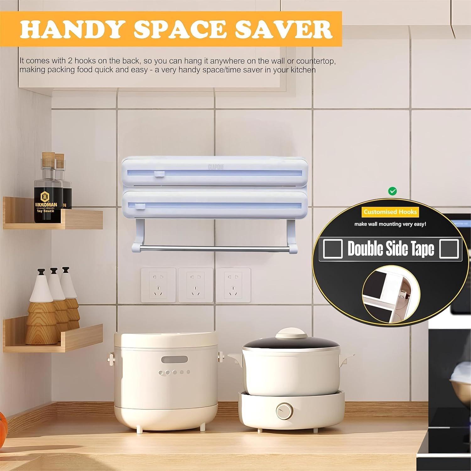 Wrap Organizer with Cutter Plastic Wrap Dispenser 3 in 1 Compatible with Cling Film Paper Towel Holder/Tin Foil and Roti Paper Cutter/Aluminum Foil/Butter/Roti Wrap/Food Roll-White