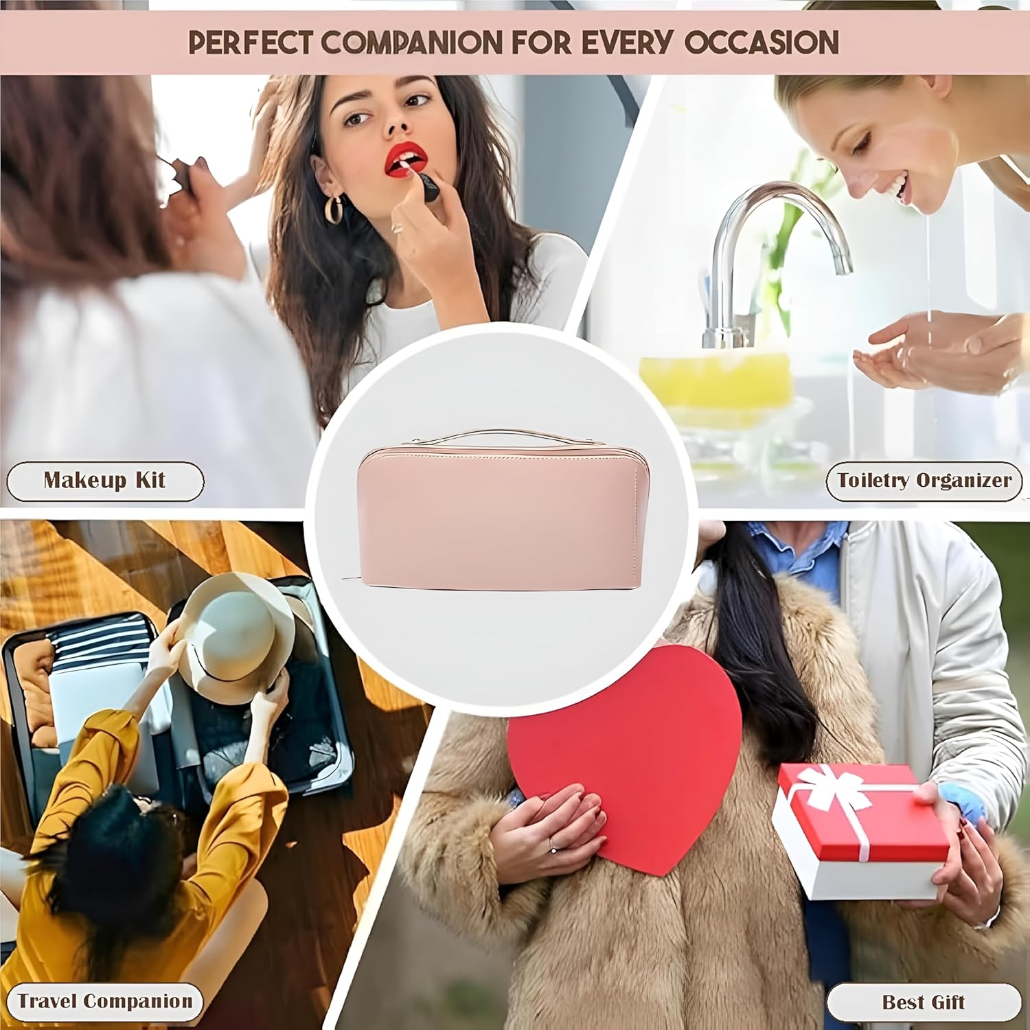 Makeup Pouch Bag Travel Makeup Bag Leather Makeup Organizer Bag/Cosmetic Pouch for Women/Travel Toiletry Bag/Large Capacity Cosmetic Bags Women/Waterproof Portable Pouch Toiletry Bag (Pink)