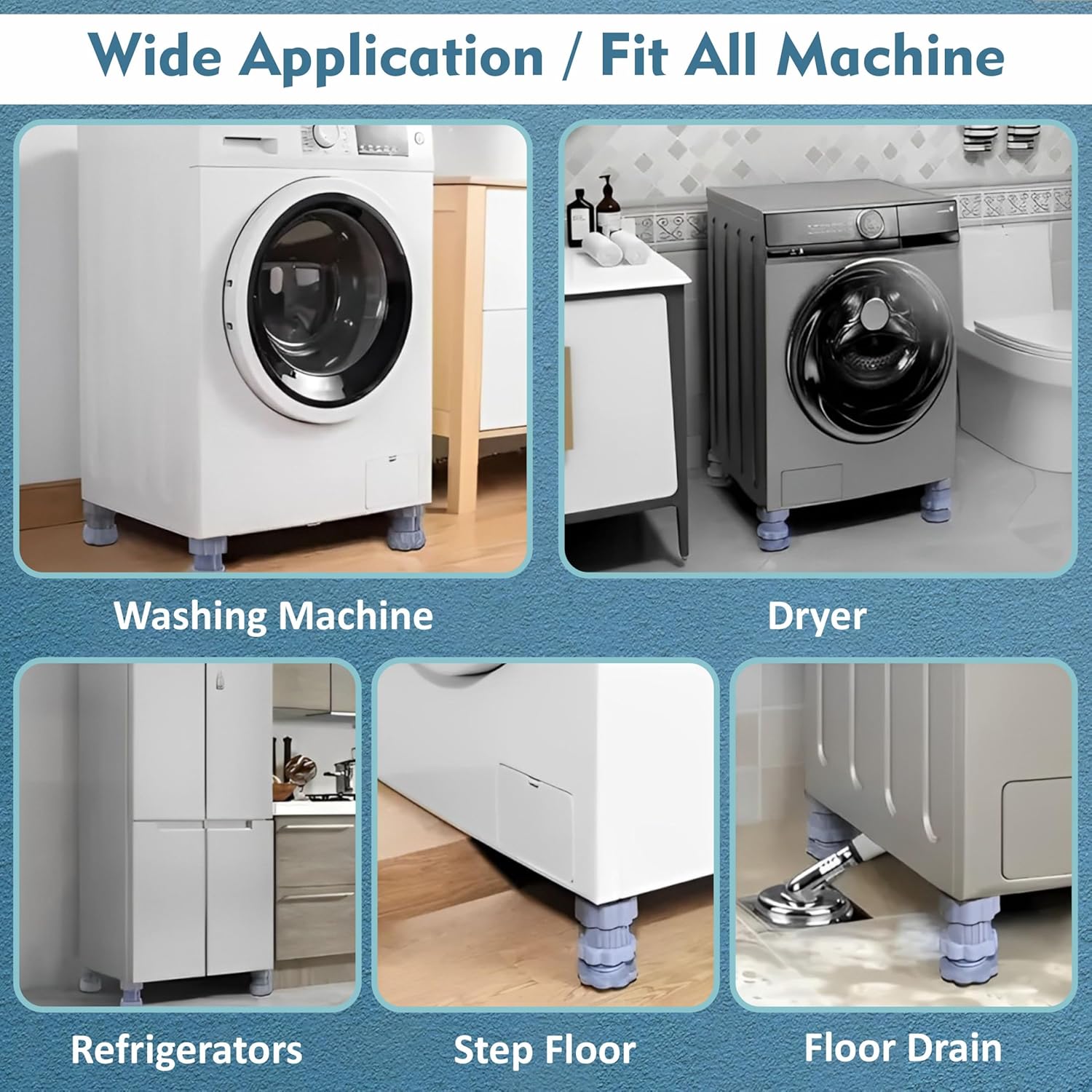JD FRESH Washing Machine Vibration Pads/Bracket Base for Washing Machine/Refrigerator Stand with Height Adjustment Feet/Washing Machine Stand/Floor Trays/Stands with Anti-Slip Rubber (Blue-4 Pcs Set)