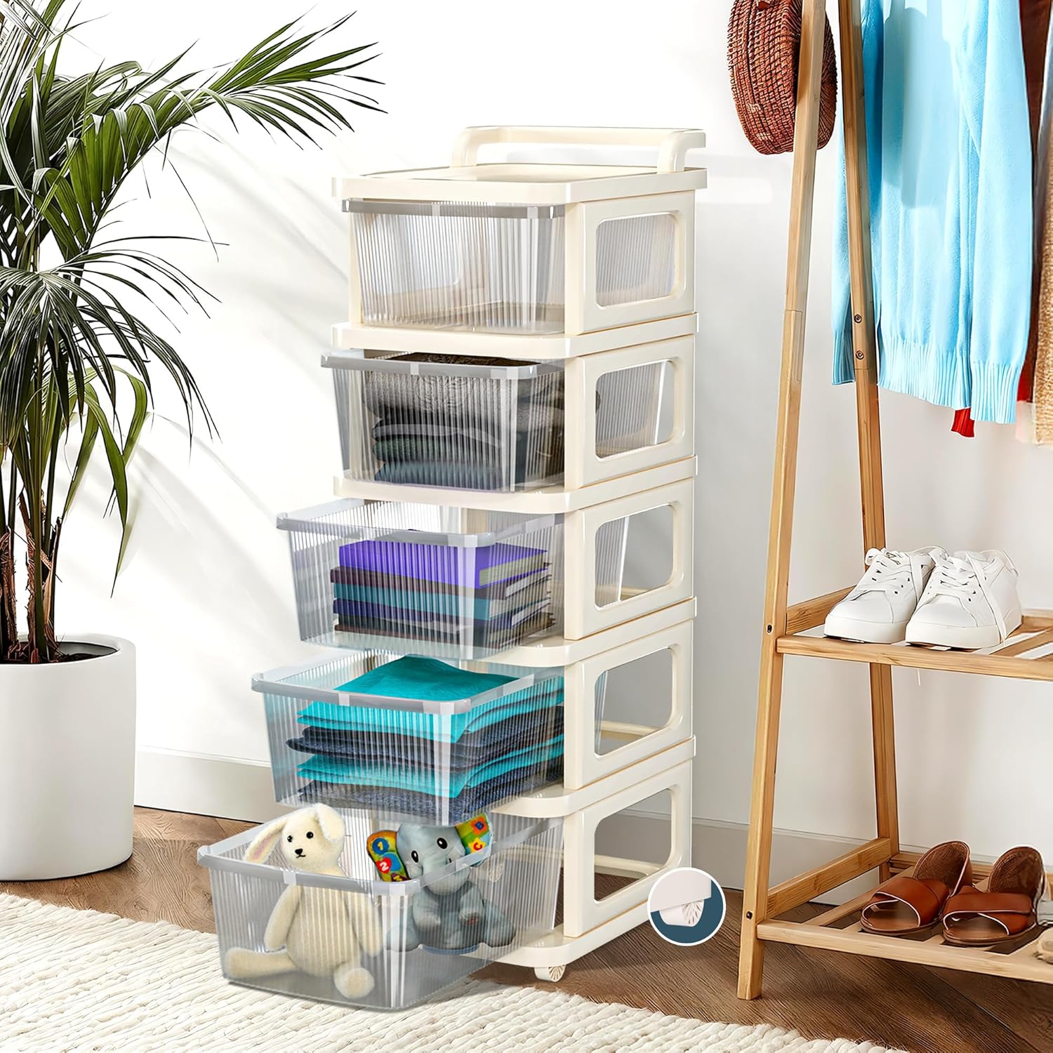 Kuber Industries 5 Layer Plastic Modular Storage Drawer Organizer with Wheels | Chest of Drawer Storage Box for Living Room, Office, School and Home | Toys Organiser for Kids Room | Transparent Ivory