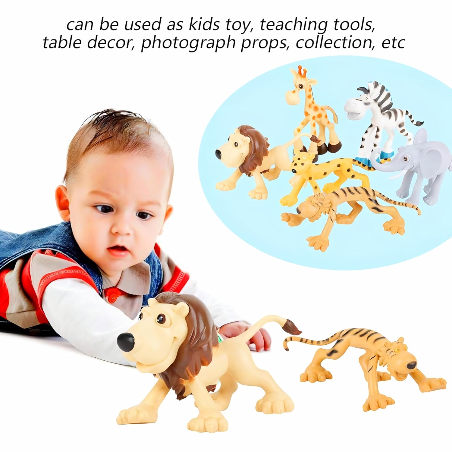 6 Pcs Big Size Full Action Toy Figure Jungle Cartoon Wild Animal Toys Figure Playing Set for Kids Current Animals Lion Giraffe Elephant Tiger Toys