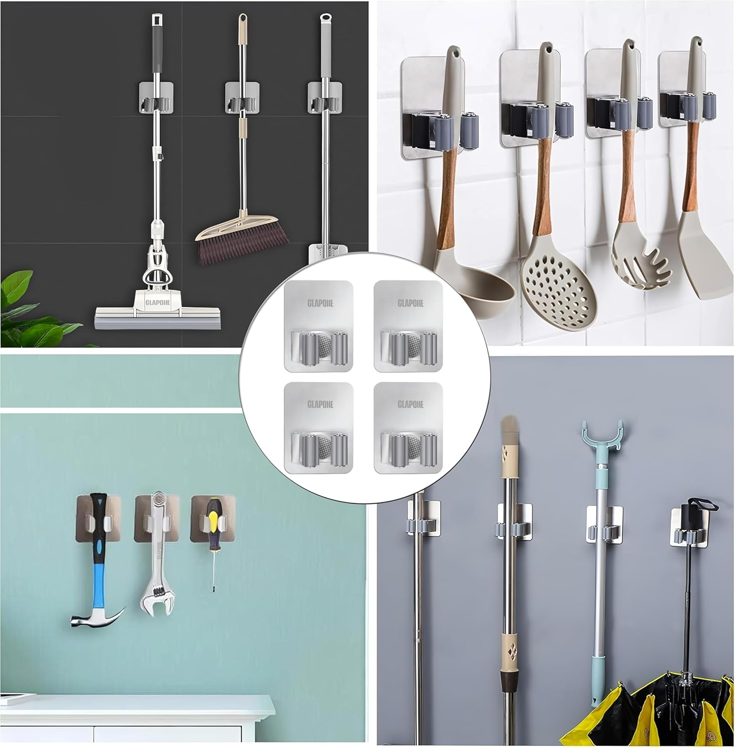 2 Piece Self Adhesive Mop Holder/Wall Mounted Wiper Holder/Storage Organizers/Drill-Free Broom Stick Stand for Home/Indoor-Outdoor/Garage/Commercial/Bathroom Essentials/Umbrella(Grey)