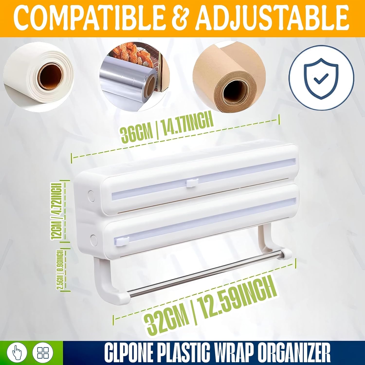 Wrap Organizer with Cutter Plastic Wrap Dispenser 3 in 1 Compatible with Cling Film Paper Towel Holder/Tin Foil and Roti Paper Cutter/Aluminum Foil/Butter/Roti Wrap/Food Roll-White