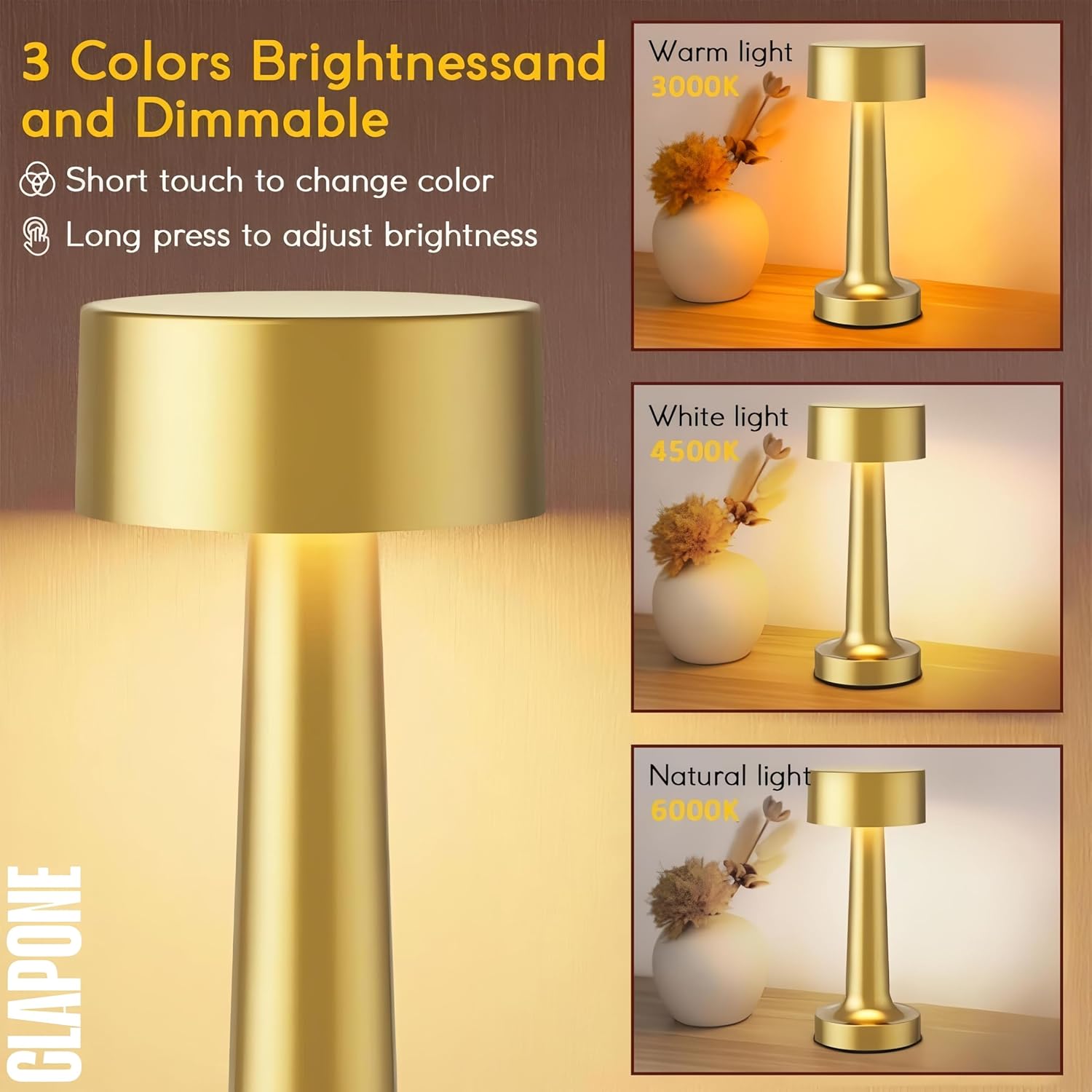 LED Table Lamp – Touch Control with 3 Brightness Levels & 3 Color Modes | Rechargeable Metal Desk Lamp for Bedroom, Nightstand, Living Room, Office & Study Table (Glod, 1 Pcs)