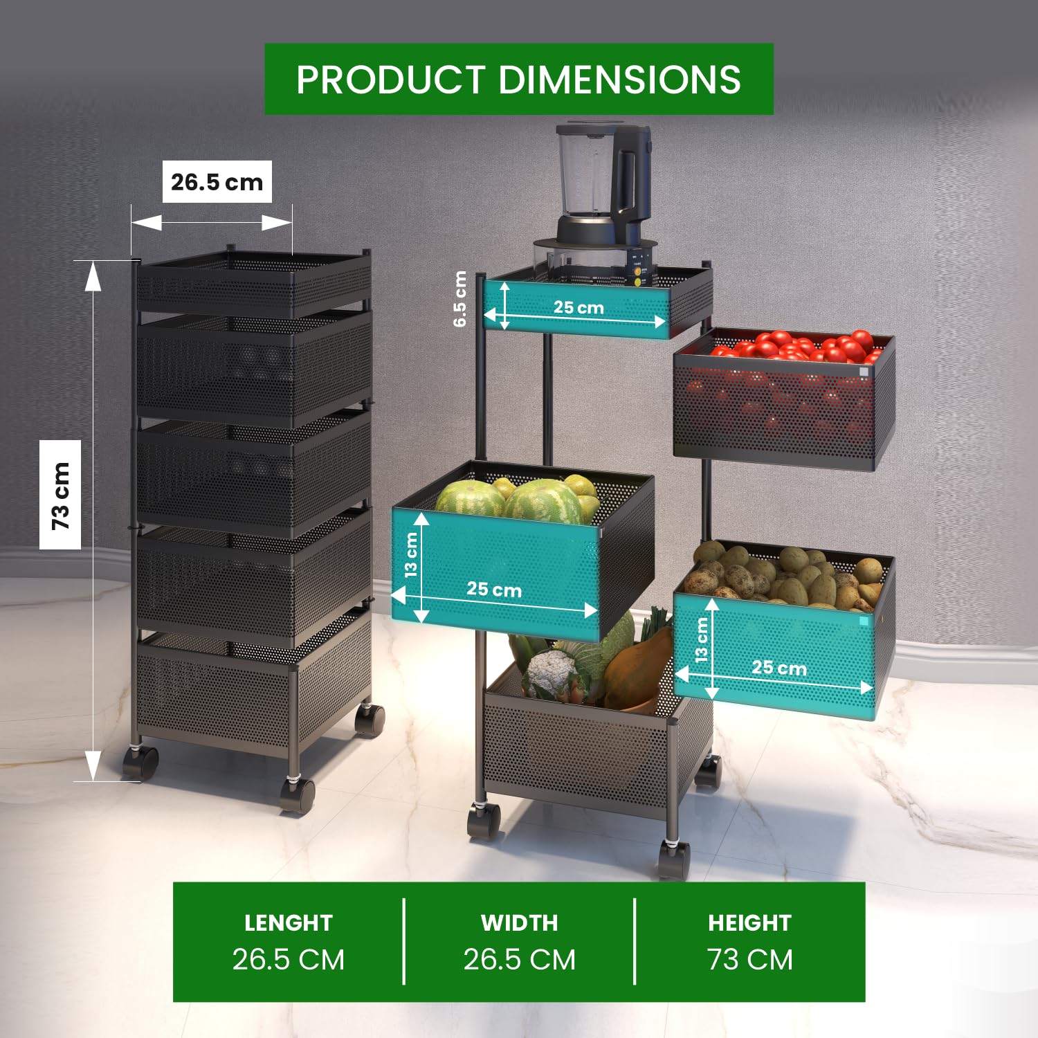 JD FRESH 5-Tier Metal Rotating Kitchen Trolley/Spice Rack/Vegetable & Fruit Storage/Organizer Holder and Onion-Potato Storage Basket for Kitchen