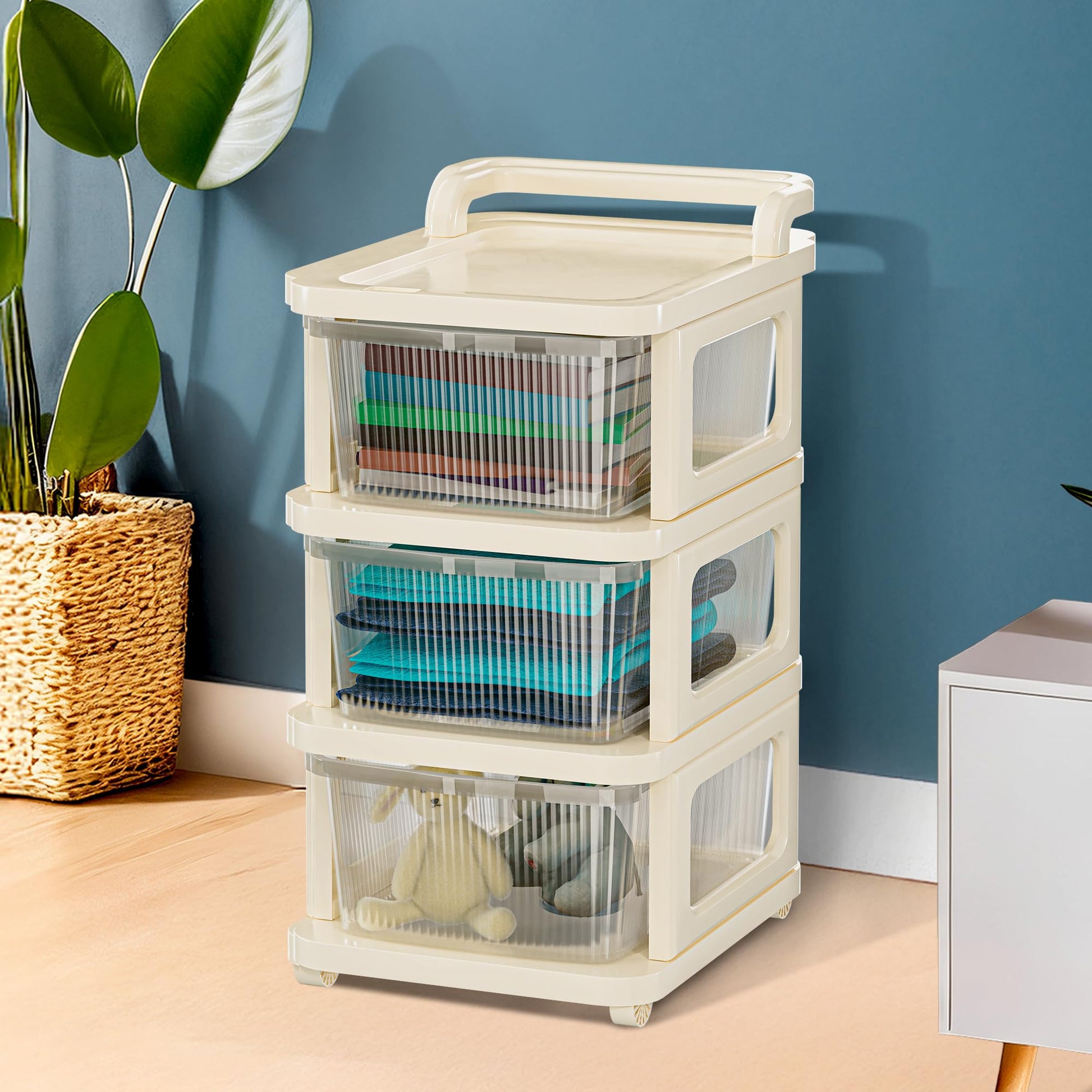 Kuber Industries 5 Layer Plastic Modular Storage Drawer Organizer with Wheels | Chest of Drawer Storage Box for Living Room, Office, School and Home | Toys Organiser for Kids Room | Transparent Ivory