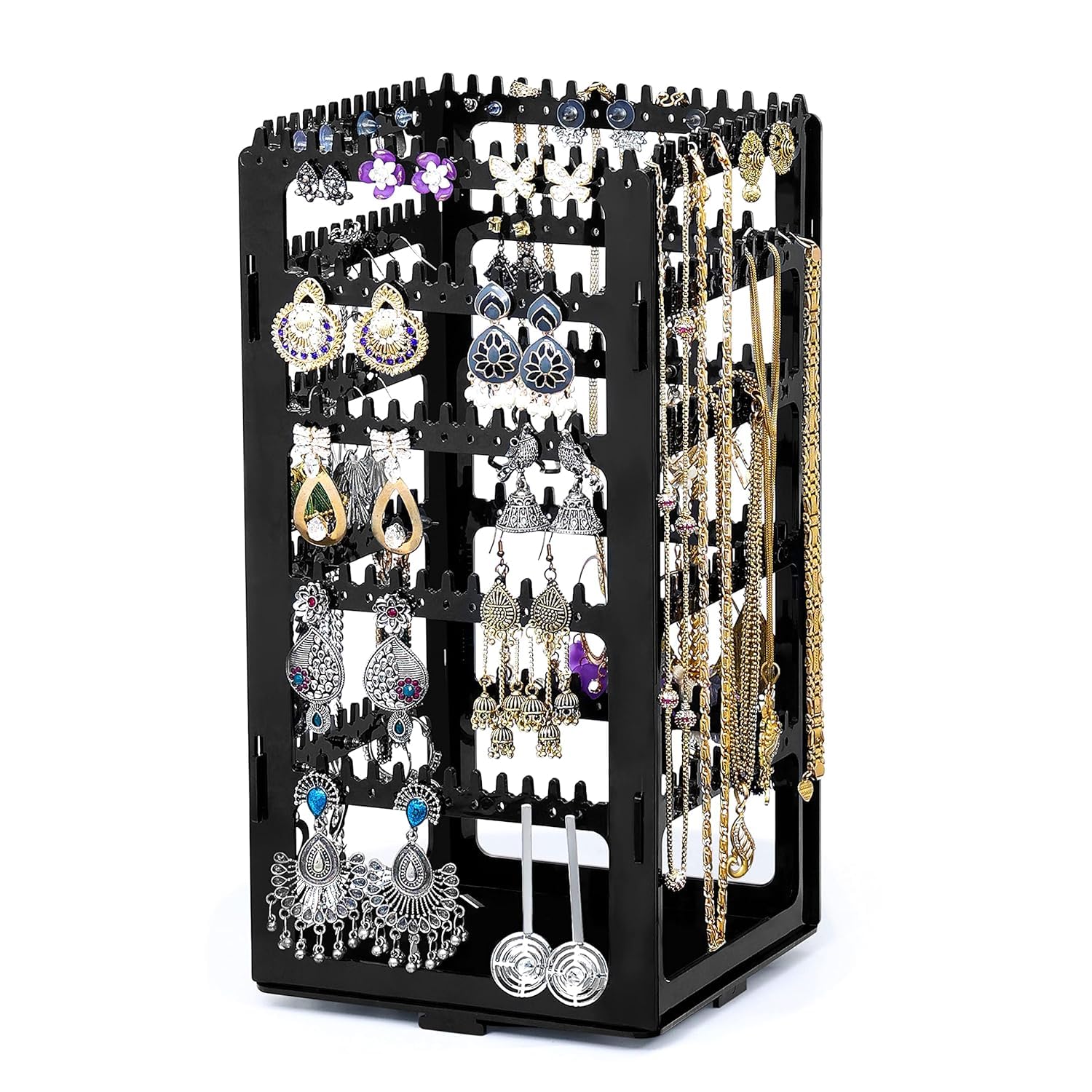 mechdel Plastic Rotating Earrings Stand Jewelry Display Organiser/Earrings Organiser/Jewellery Towers/Jewellery Stands/Earring Organizer Box/Chain Organiser (Rotating Earrings Organizer-Black, 1-SET)