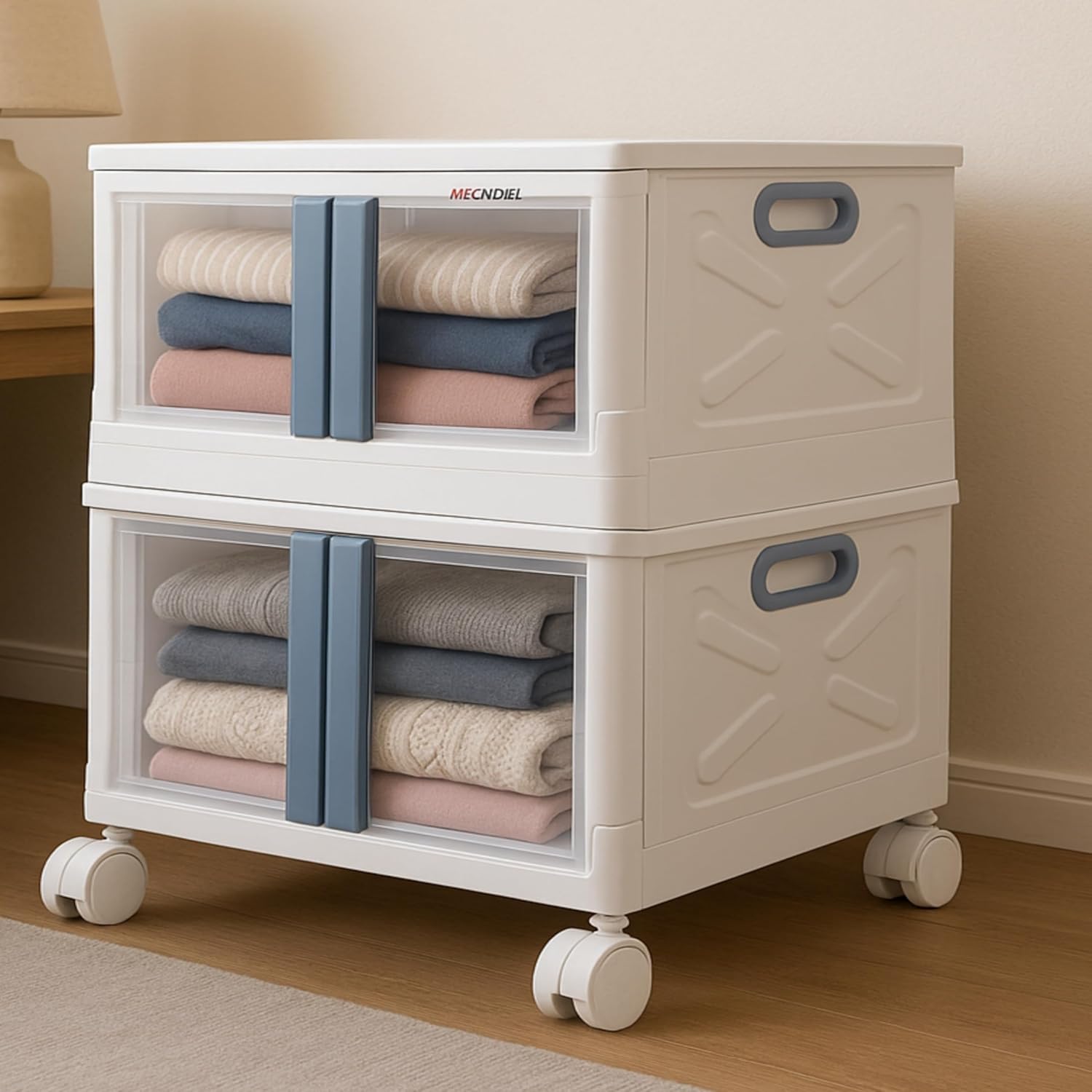 mechdel Collapsible Storage,Cabinet for Storage,Almari, Wardrobe, Cupboard Rack Living Room,Storage Cupboard | Clothes Organizer Rack, 2 Door Cabinet (STORAGE BIN/WHEEL-White, 4PCS)